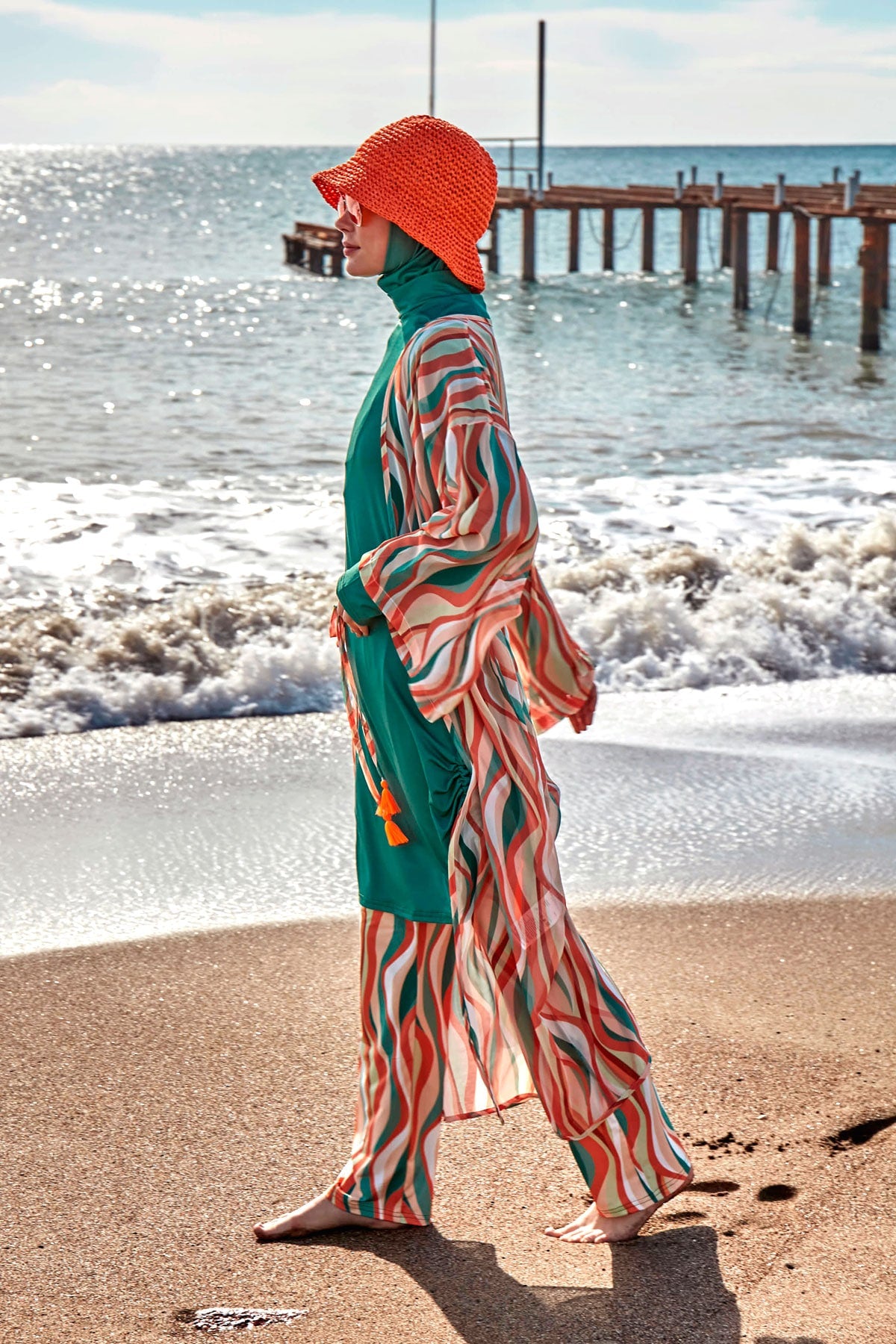 Patterned Green Chiffon Beach Kimono and Kaftan - P2422 صورة ثانوية