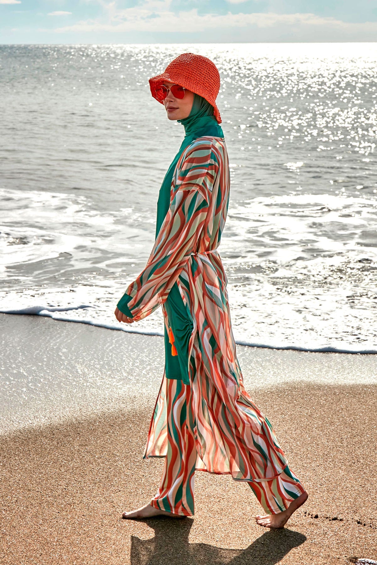 Patterned Green Chiffon Beach Kimono and Kaftan - P2422