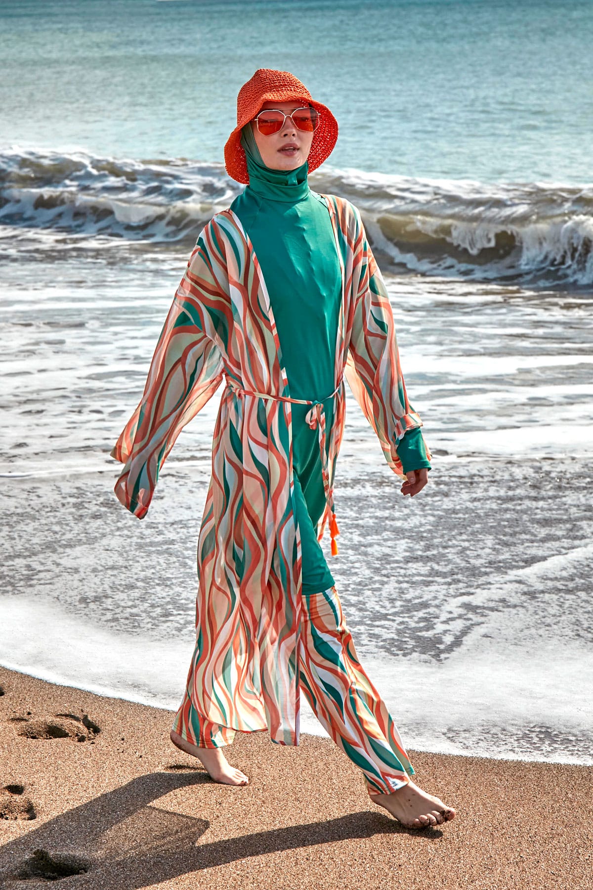 Patterned Green Chiffon Beach Kimono and Kaftan - P2422 الصورة الرئيسية