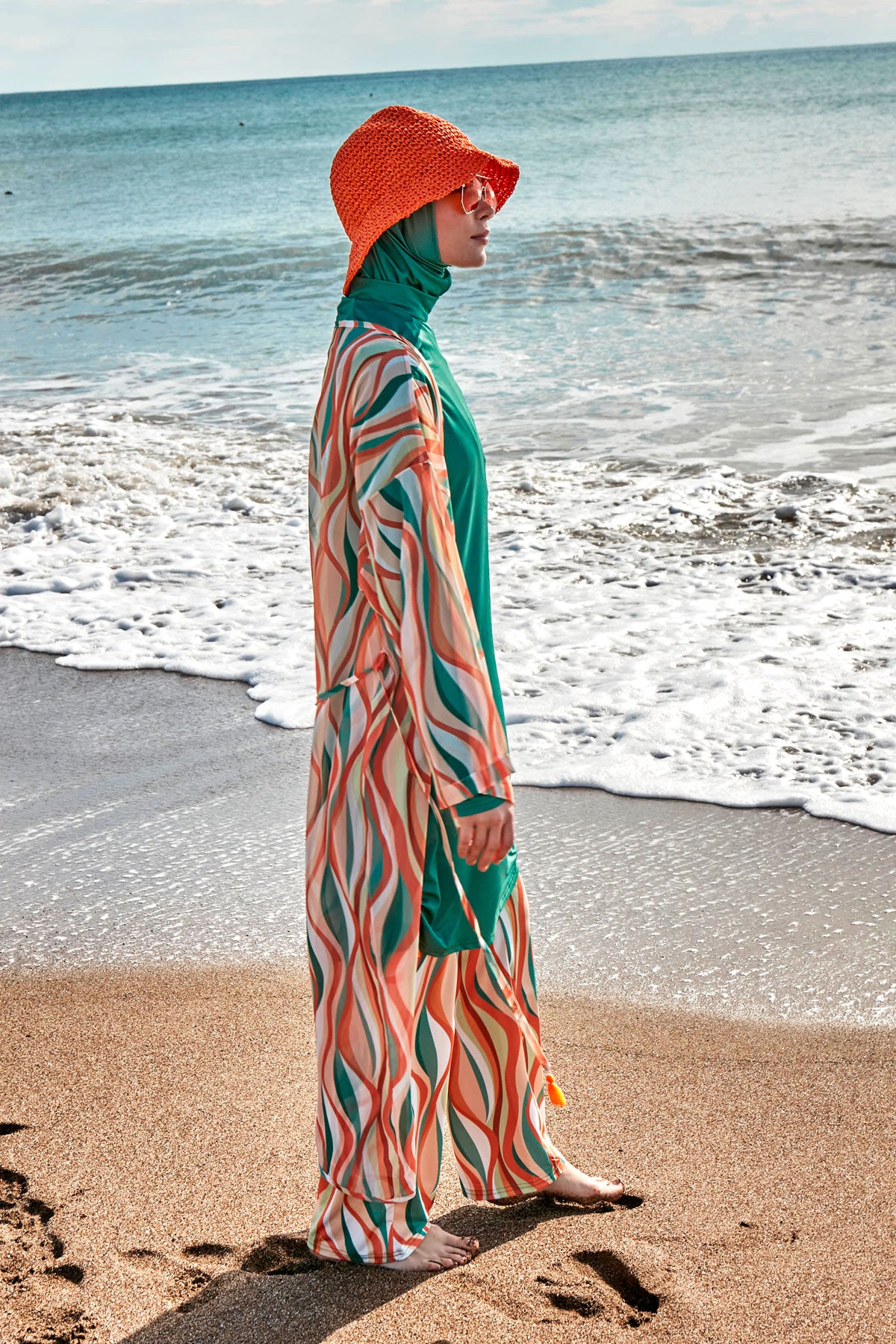 Patterned Green Chiffon Beach Kimono and Kaftan - P2422