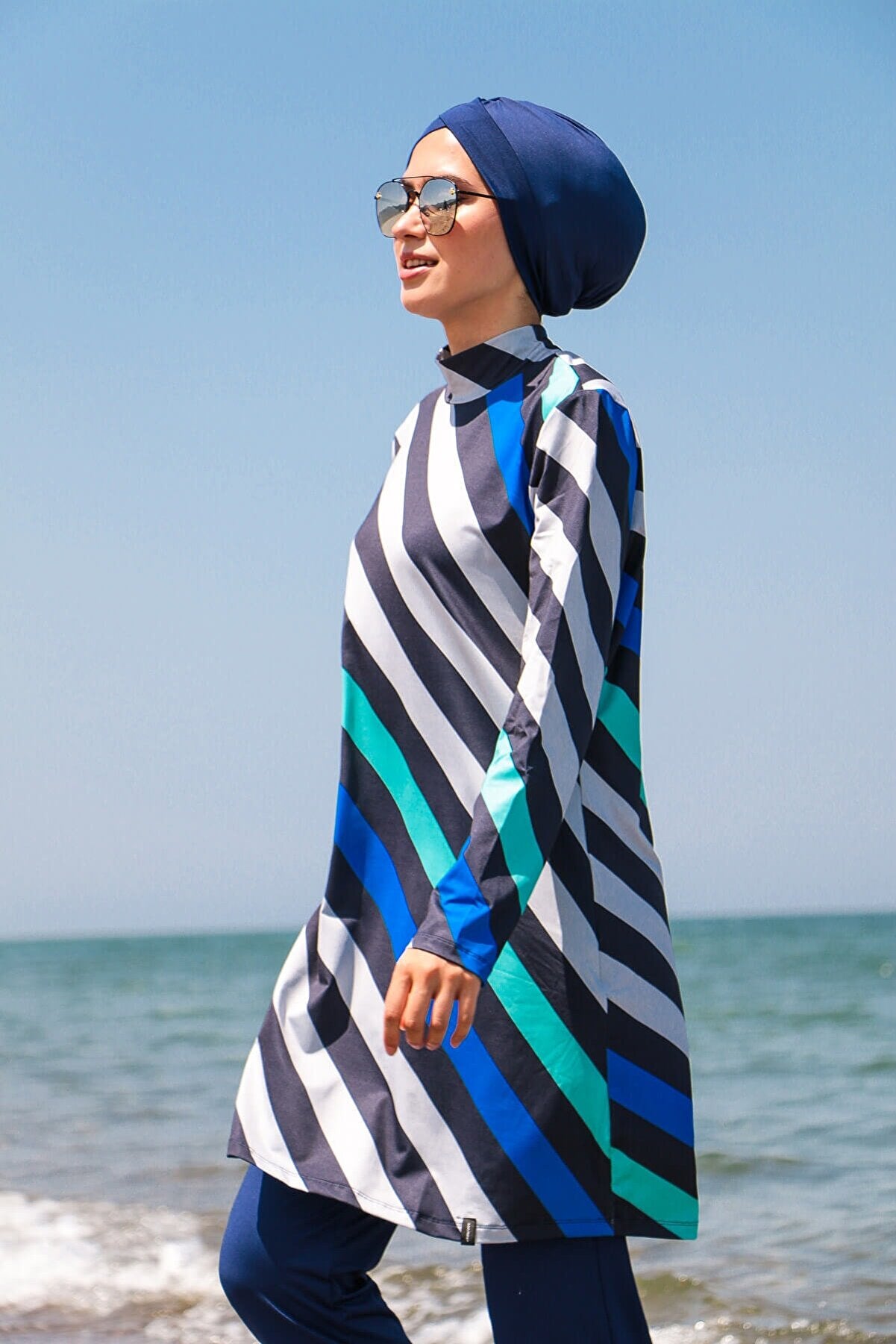Fully Covered Navy Blue Lycra Burkini Modest Swimwear Set – 4 Piece Model 1953