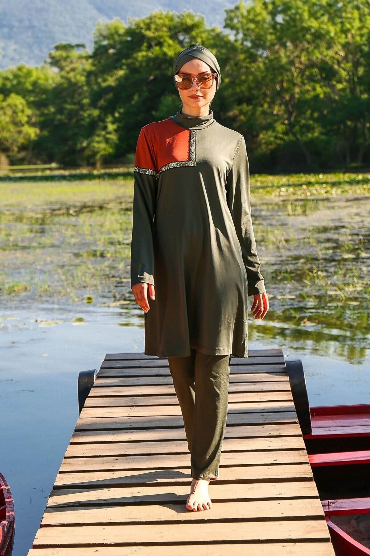 Fully Covered Khaki Lycra Burkini Modest Swimwear Set – 3 Piece Model M2108