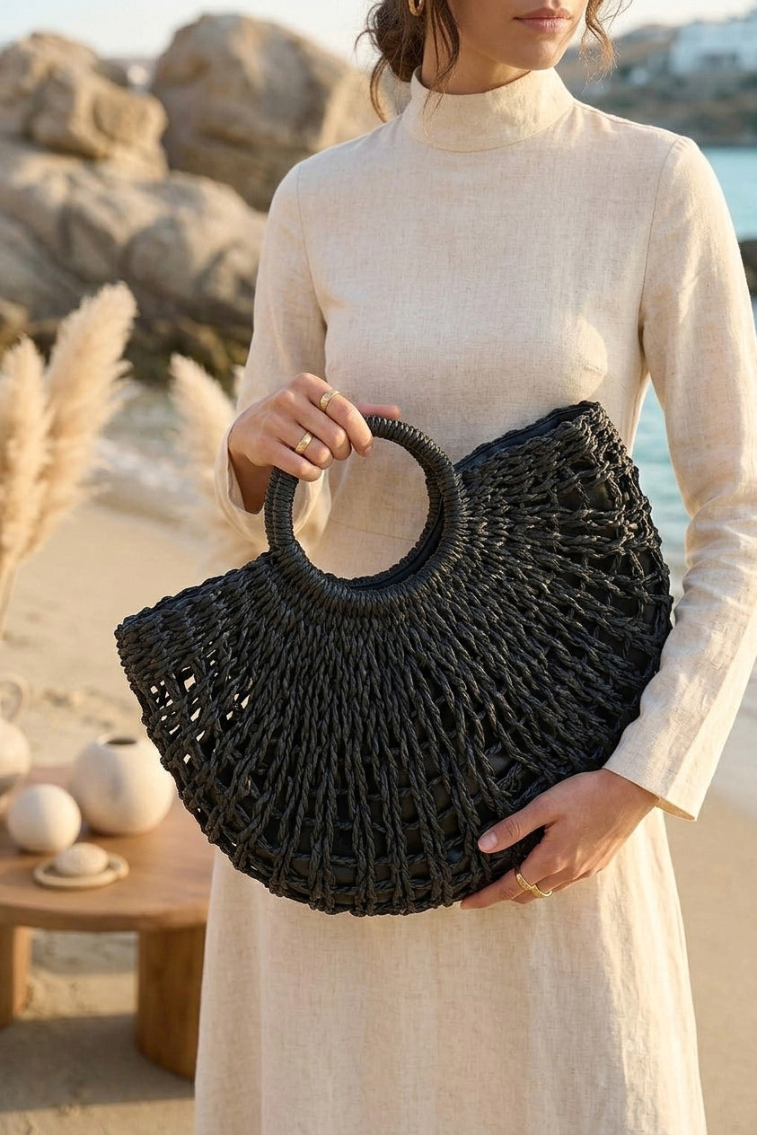 Half-Moon Black Straw Bag - CNT2601-2