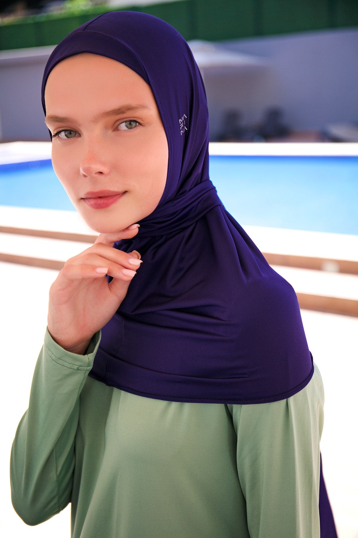 Navy Blue Tie-Back Swim Scarf Bonnet - B2397