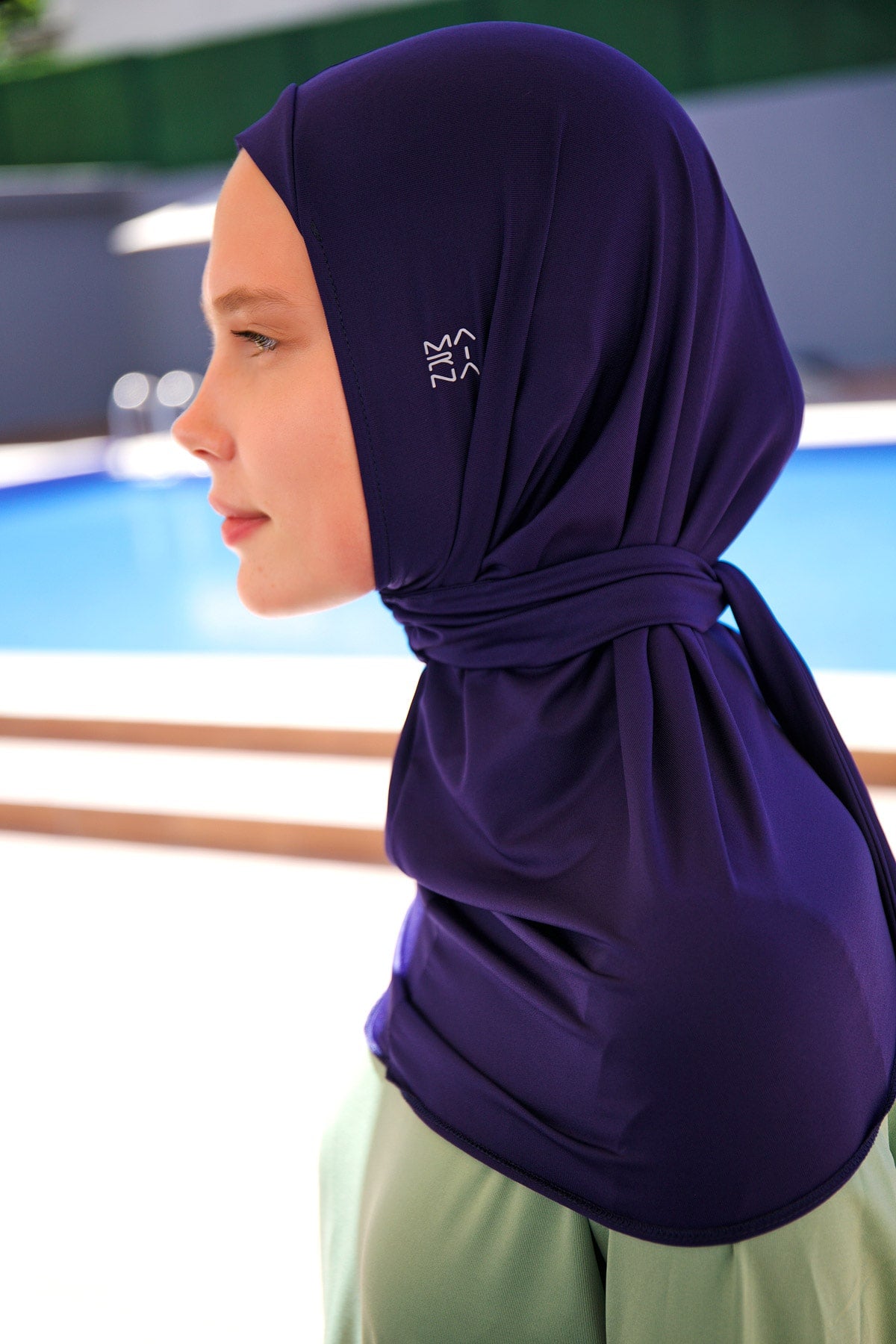 Navy Blue Tie-Back Swim Scarf Bonnet - B2397 Secondary image