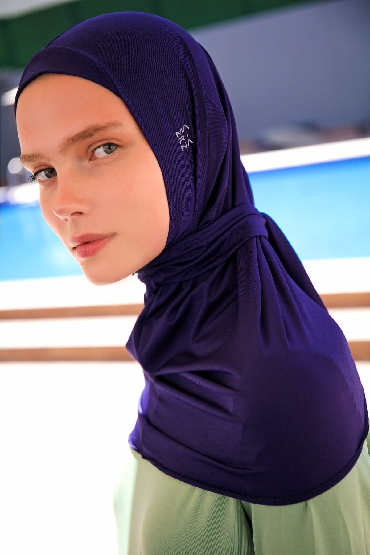 Navy Blue Tie-Back Swim Scarf Bonnet - B2397
