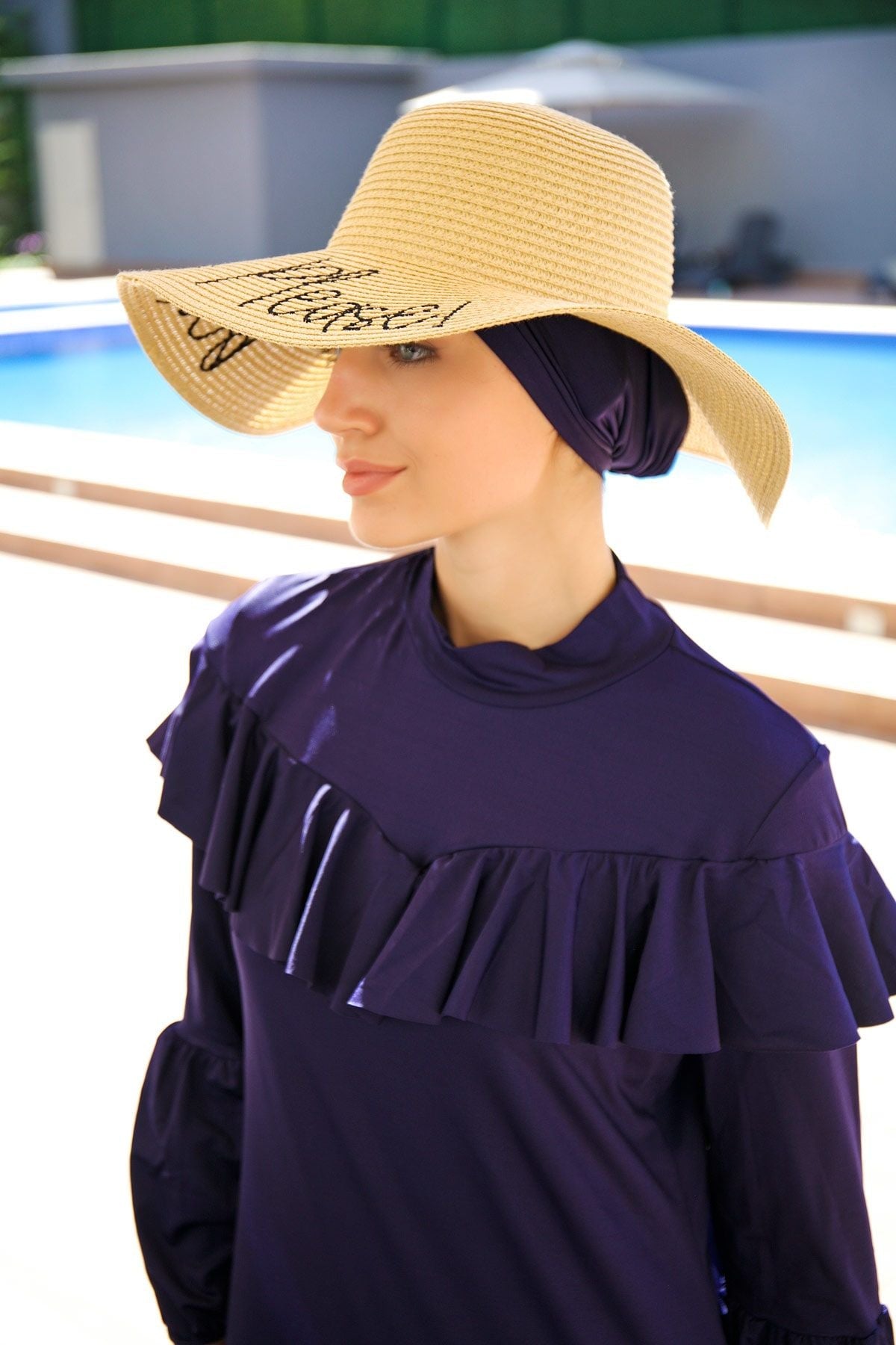 Yazılı Bej Hasır Kloş Şapka 142329 Secondary image