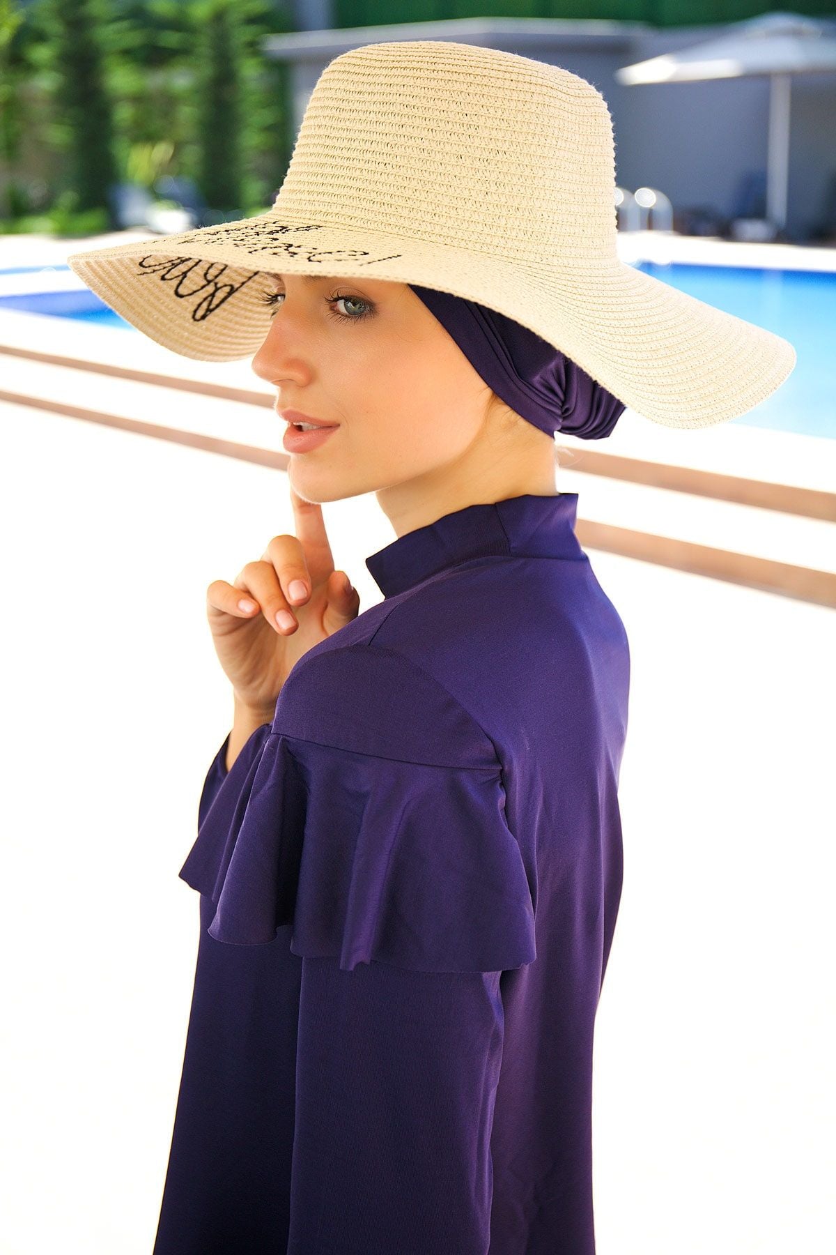 Yazılı Açık Bej Hasır Kloş Şapka 142329 Secondary image