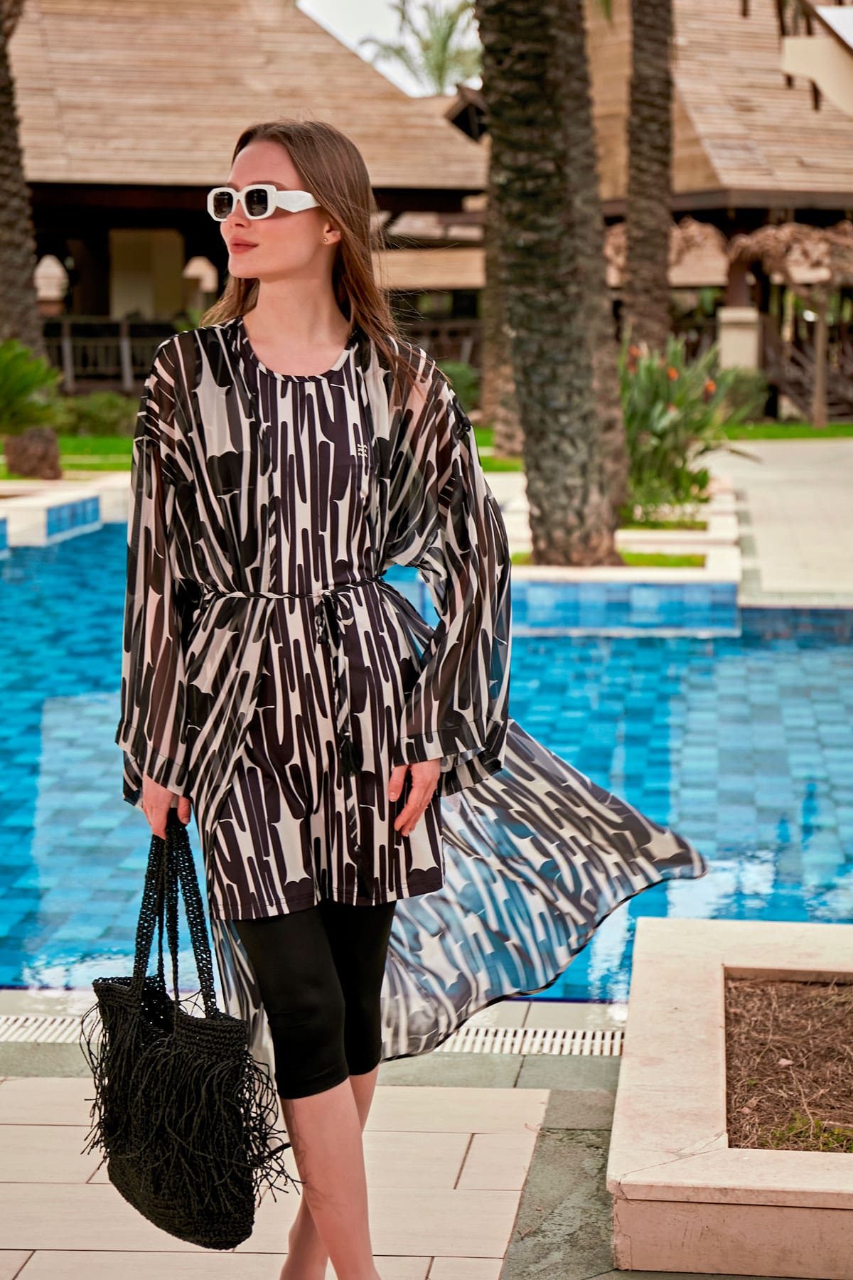 Desenli Siyah Kimono Kaftan P2405-1