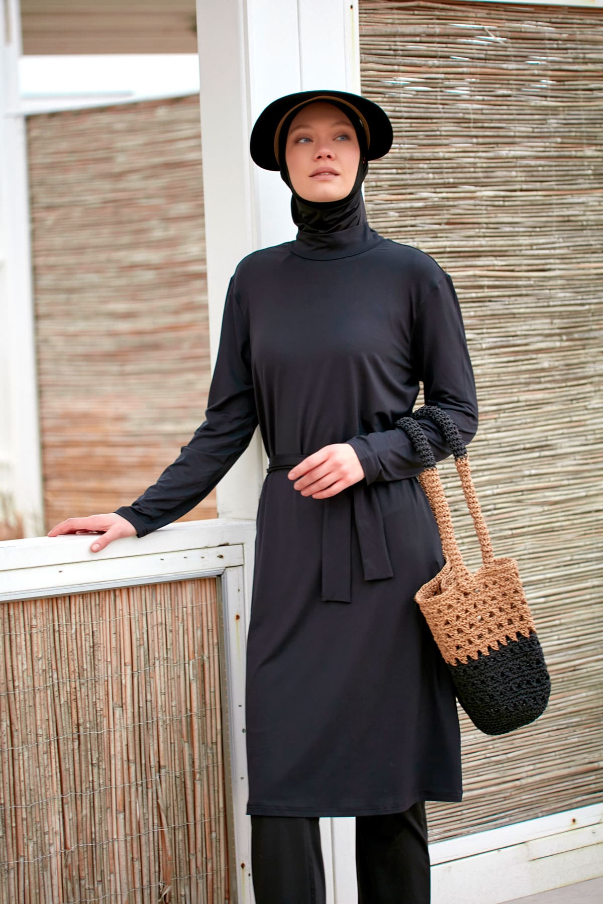 Belt Detailed Black Full-Coverage Modest Swimwear Burkini - M2461