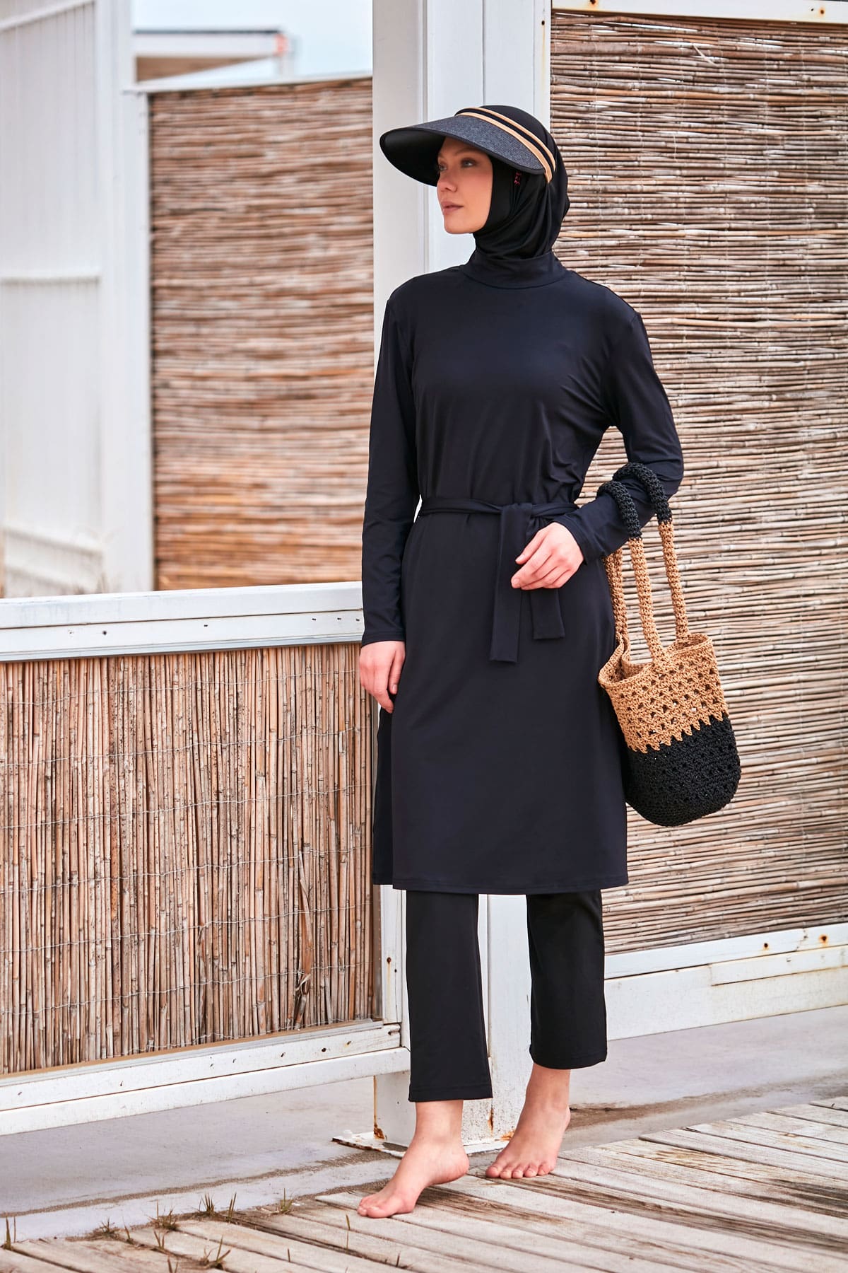 Belt Detailed Black Full-Coverage Modest Swimwear Burkini - M2461