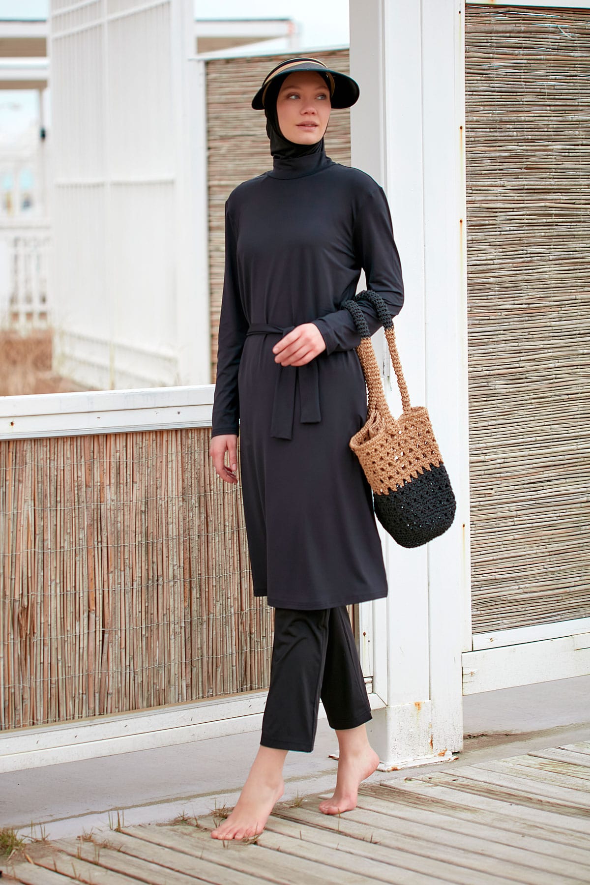 Belt Detailed Black Full-Coverage Modest Swimwear Burkini - M2461