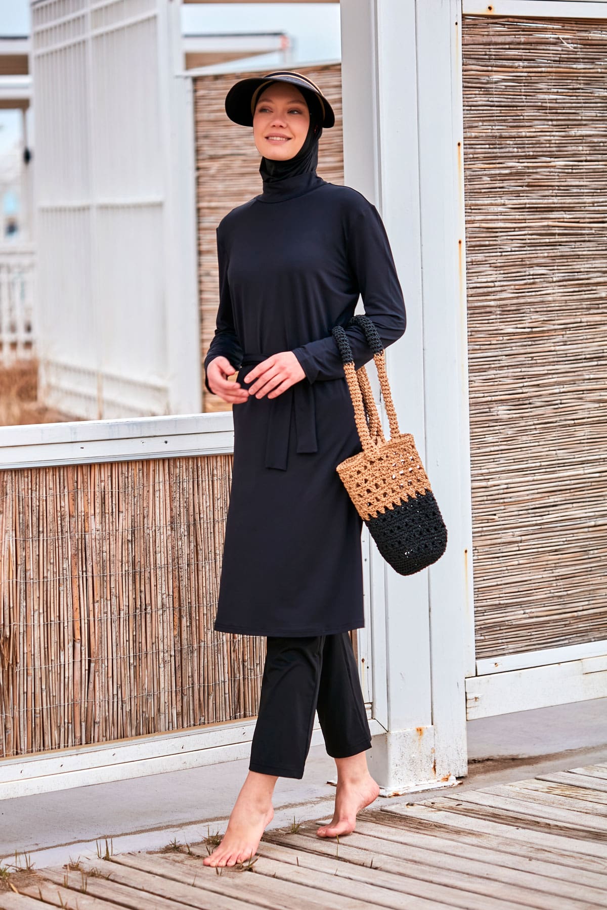 Belt Detailed Black Full-Coverage Modest Swimwear Burkini - M2461 Main image