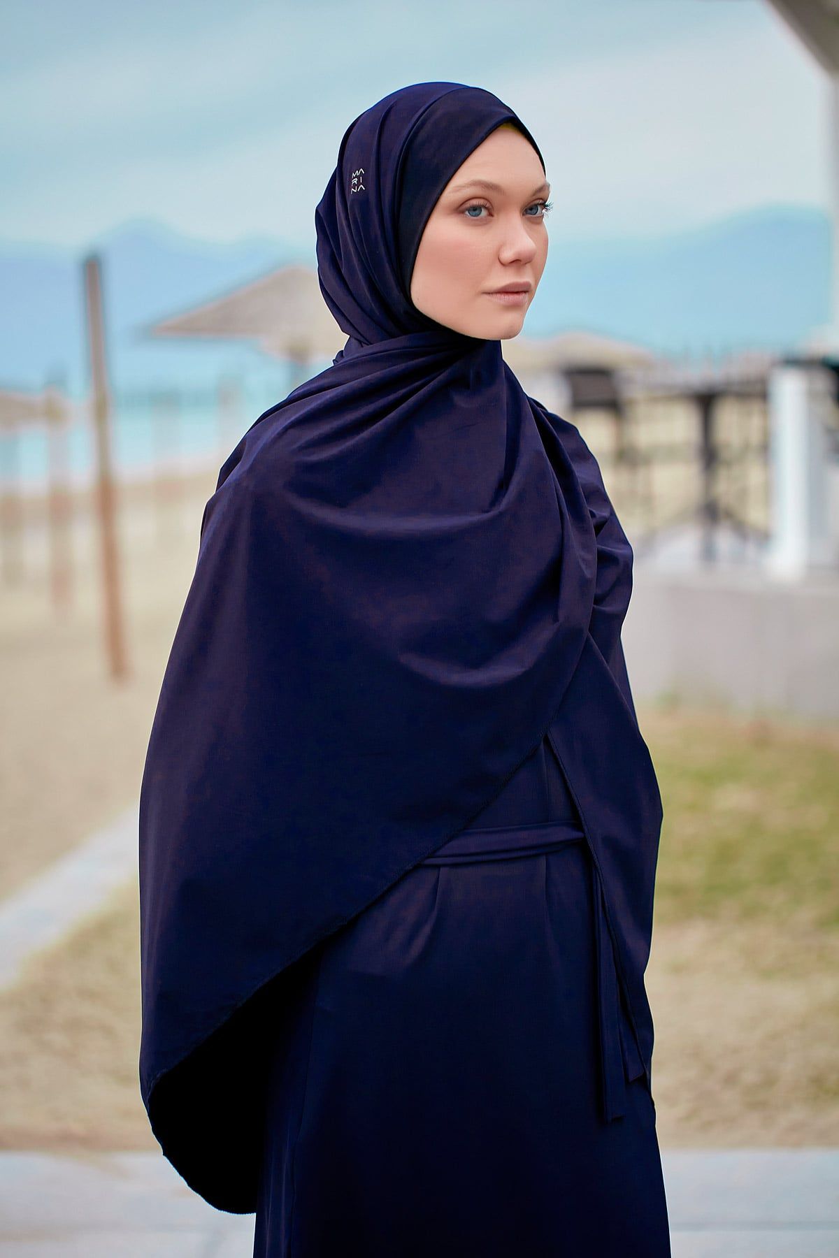 Navy Woven Practical Shawl Cap B2404