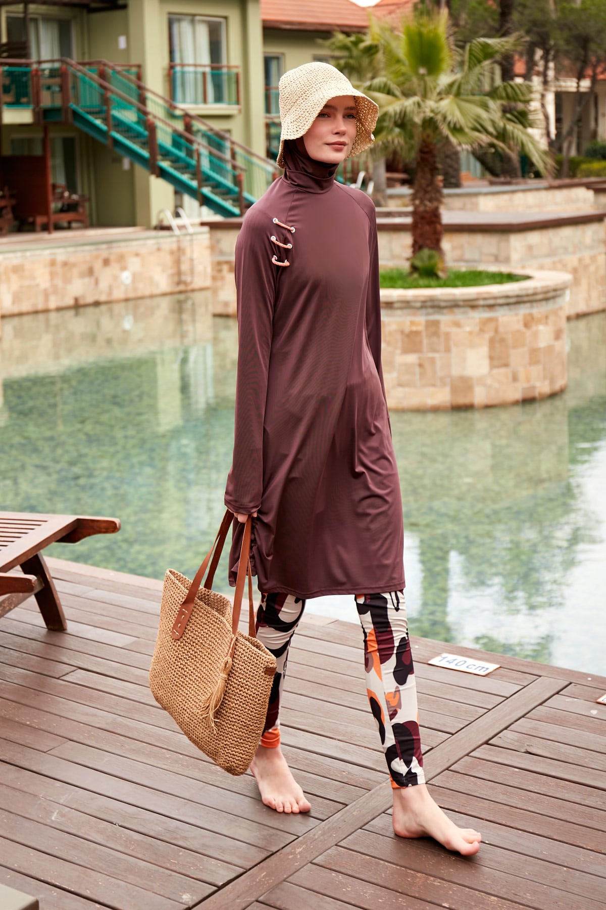 Patterned Brown Full-Coverage Modest Swimwear Burkini - M2468