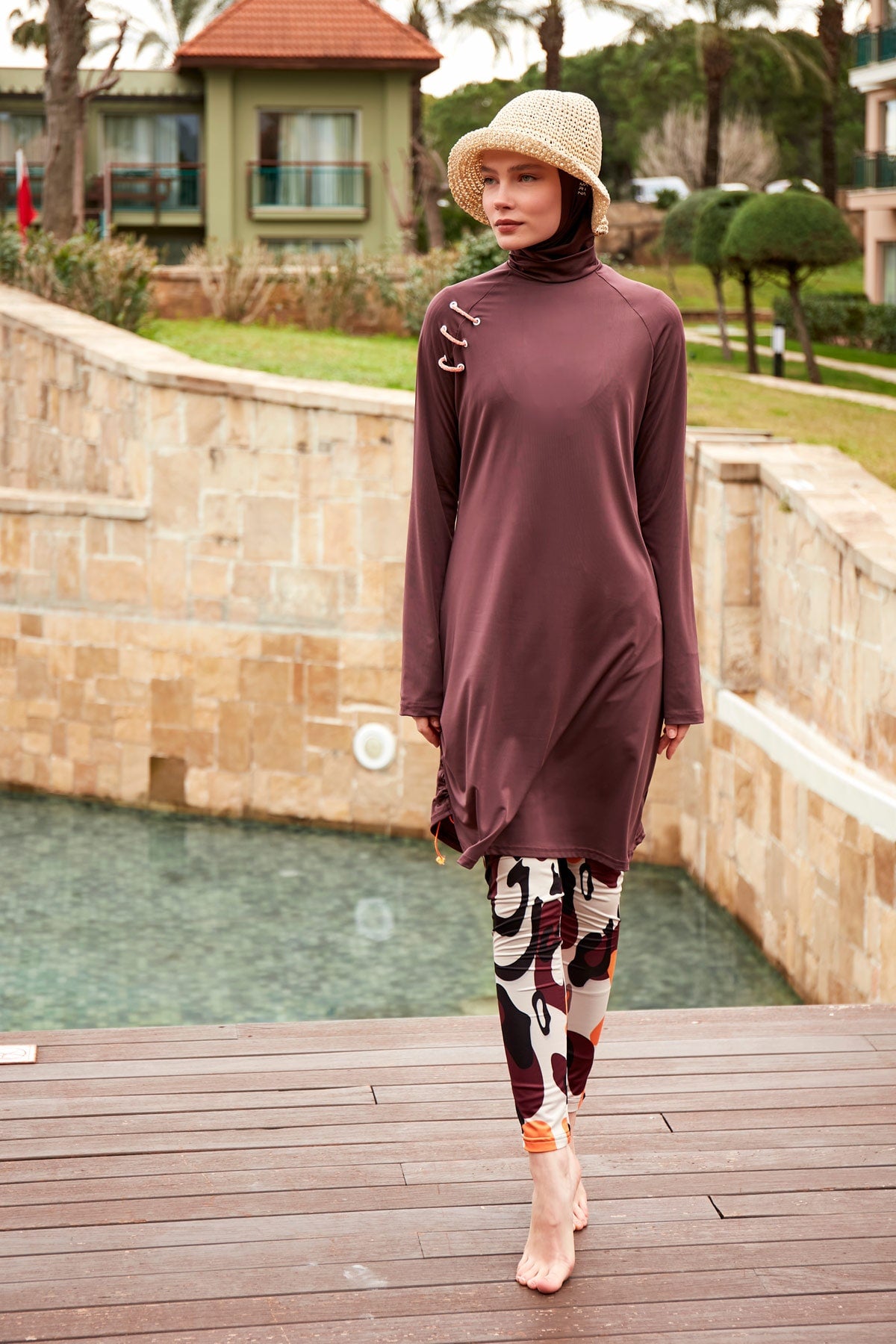 Patterned Brown Full-Coverage Modest Swimwear Burkini - M2468
