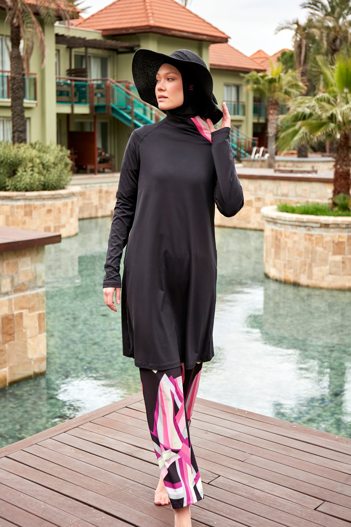 Geometric Patterned Black Full-Coverage Modest Swimwear Burkini - M2479