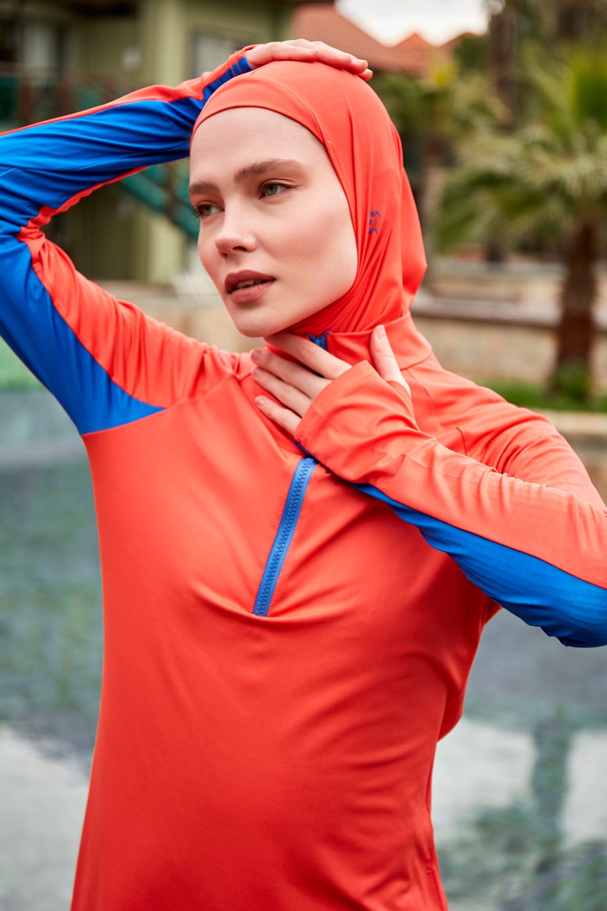 Color Blocked Orange Full-Coverage Modest Swimwear Burkini - M2472