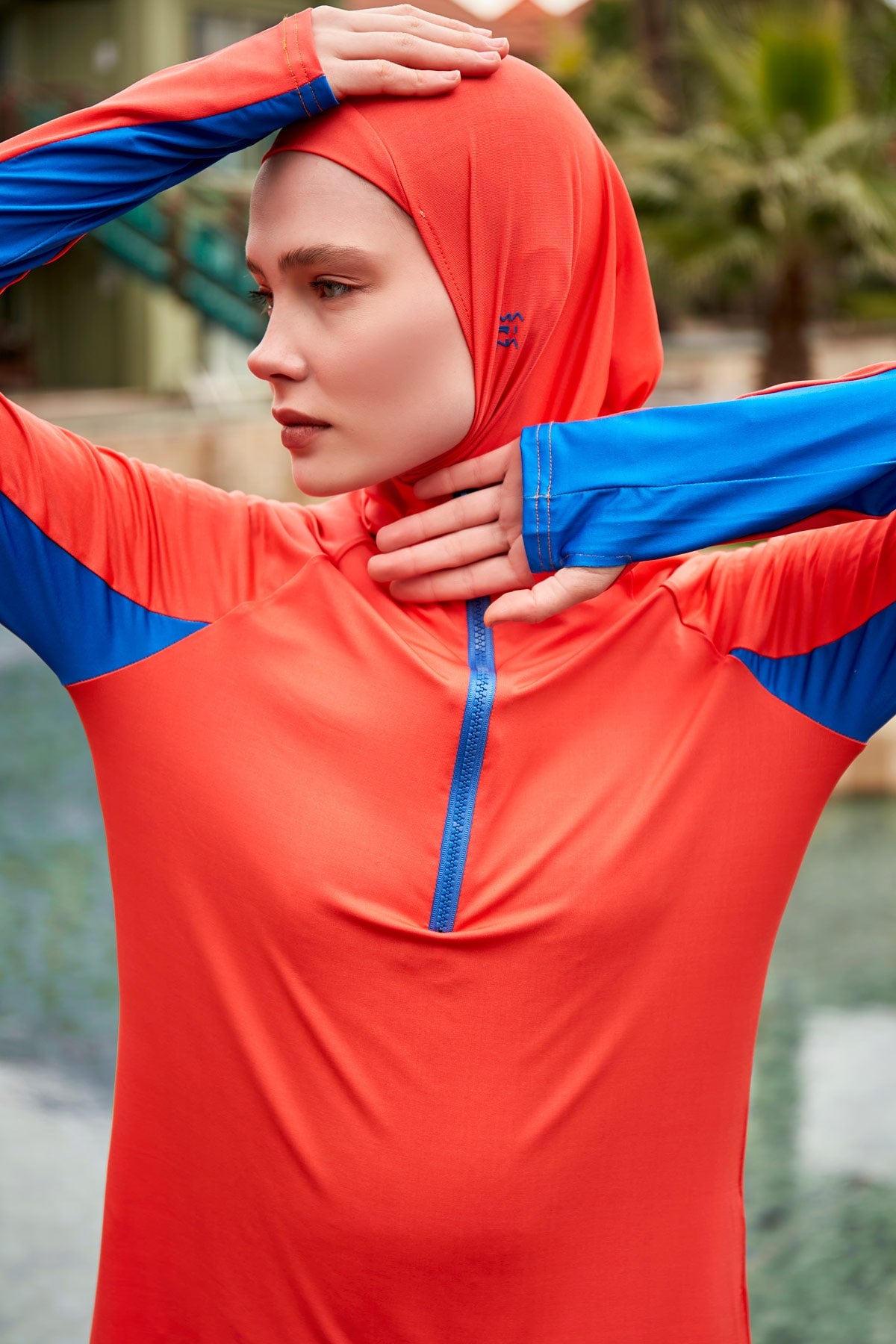 Color Blocked Orange Full-Coverage Modest Swimwear Burkini - M2472