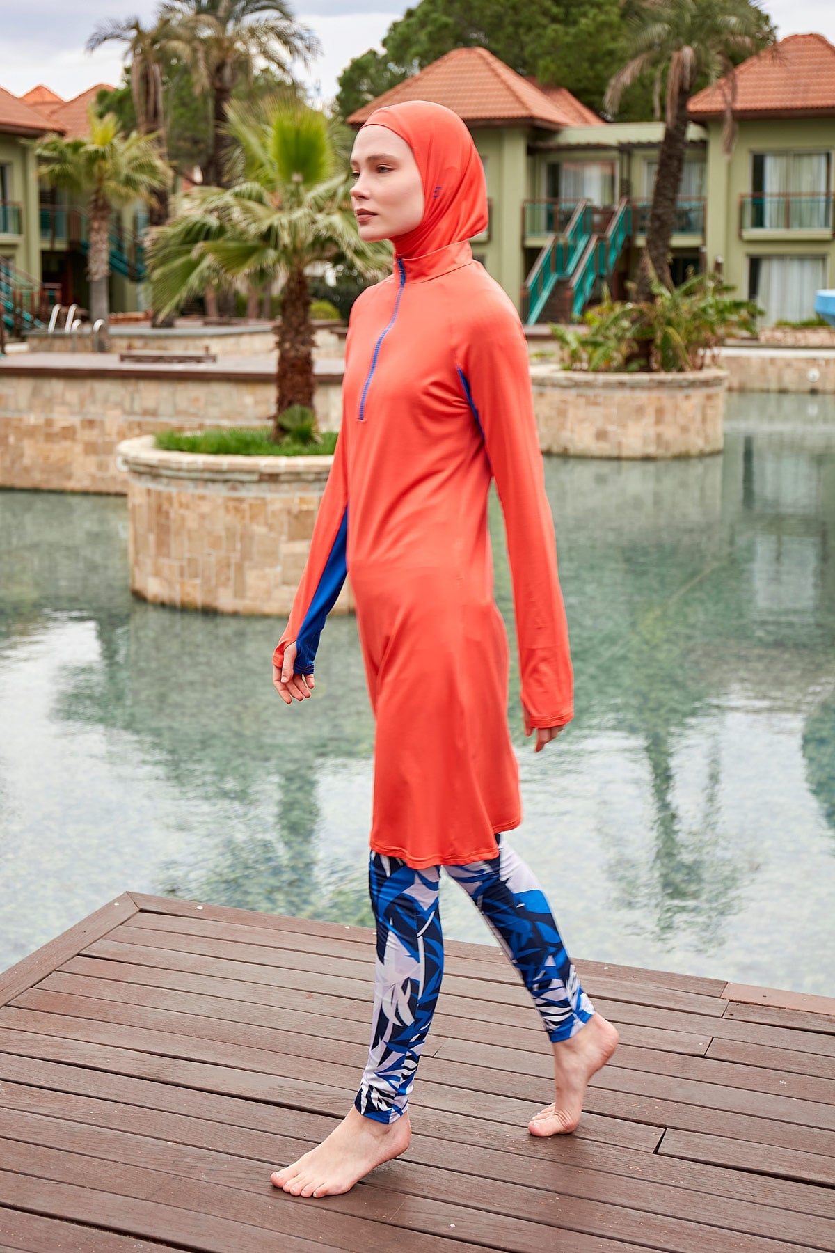 Color Blocked Orange Full-Coverage Modest Swimwear Burkini - M2472