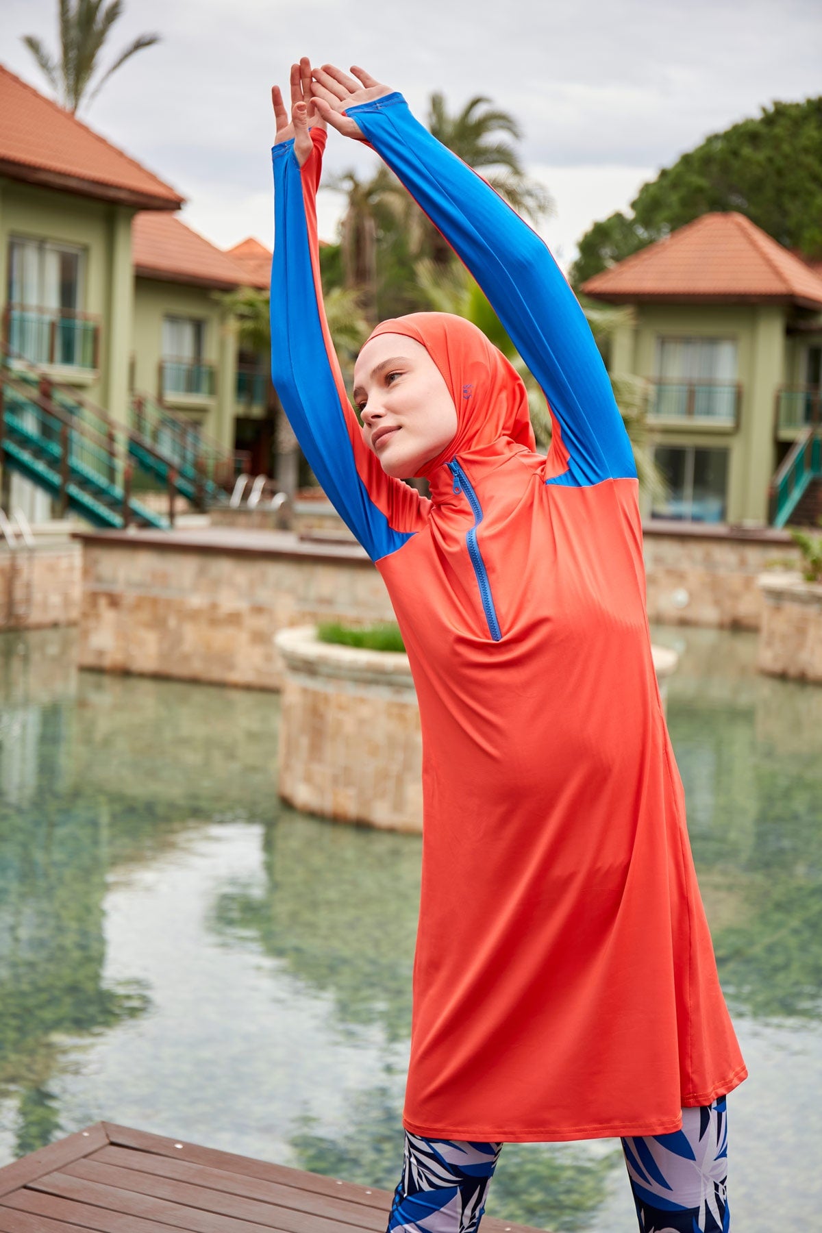 Color Blocked Orange Full-Coverage Modest Swimwear Burkini - M2472 Main image
