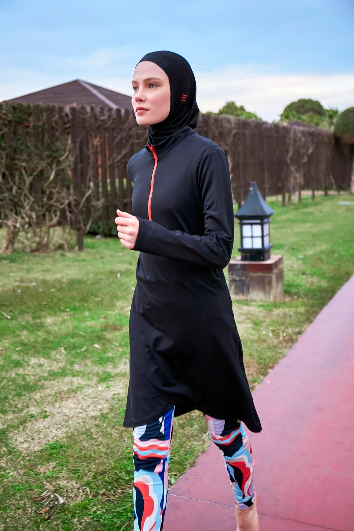 Asymmetric Patterned Black Full-Coverage Modest Swimwear Burkini - M2464