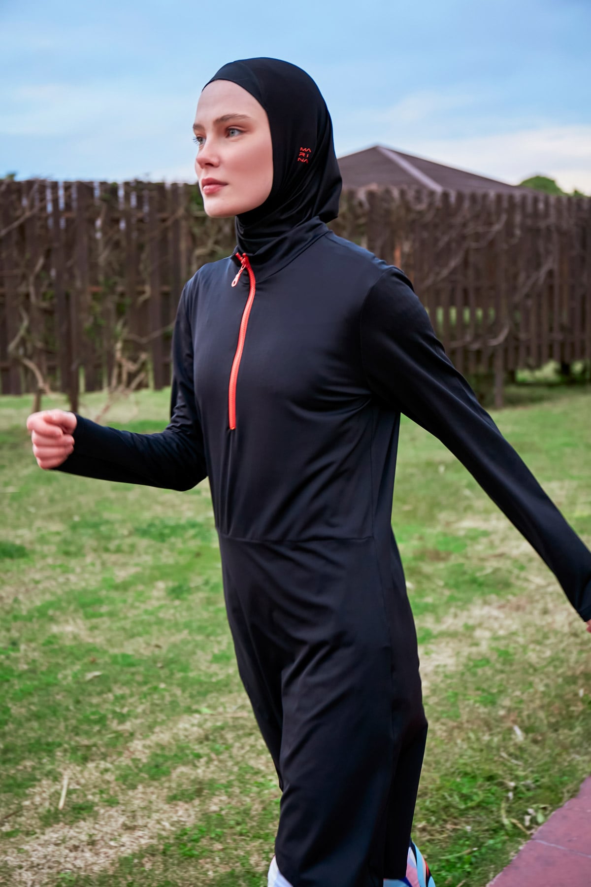 Asymmetric Patterned Black Full-Coverage Modest Swimwear Burkini - M2464
