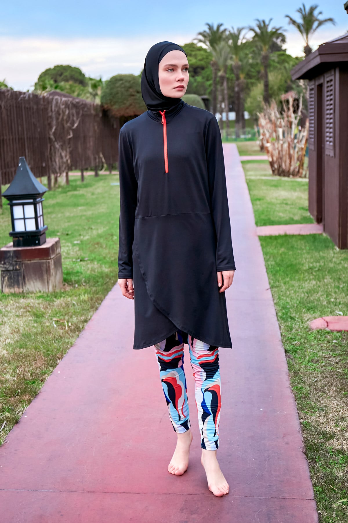 Asymmetric Patterned Black Full-Coverage Modest Swimwear Burkini - M2464 Main image