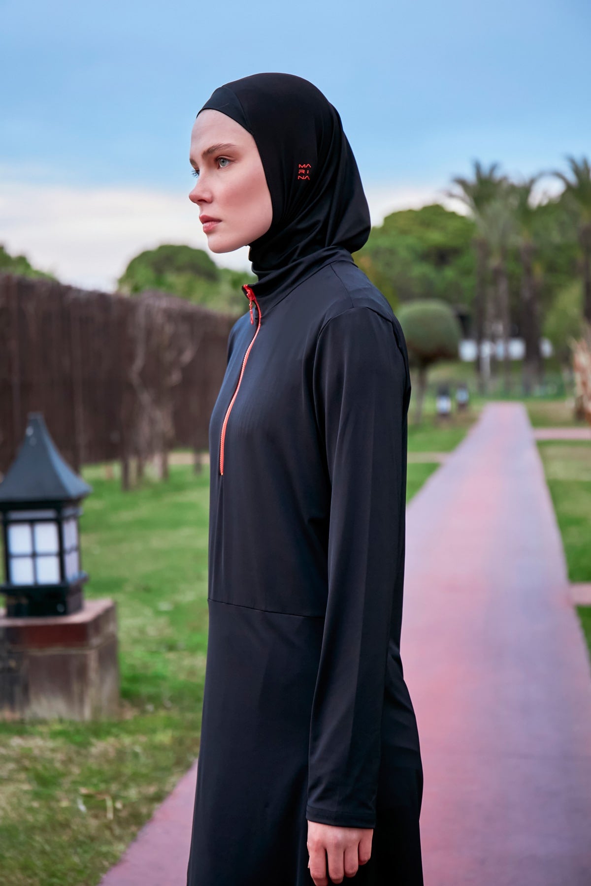 Asymmetric Patterned Black Full-Coverage Modest Swimwear Burkini - M2464