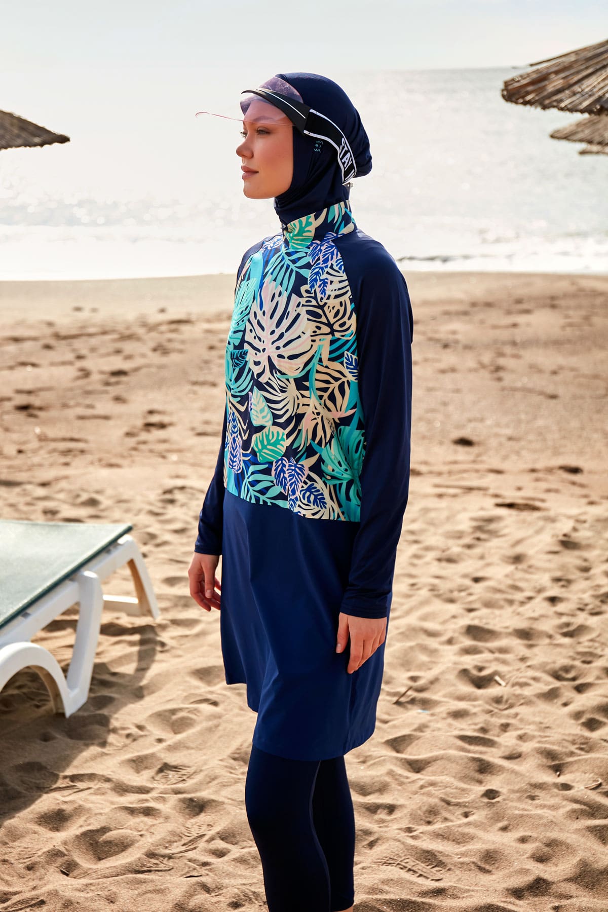 Tropical Patterned Navy Blue Full-Coverage Modest Swimwear Burkini - M2490