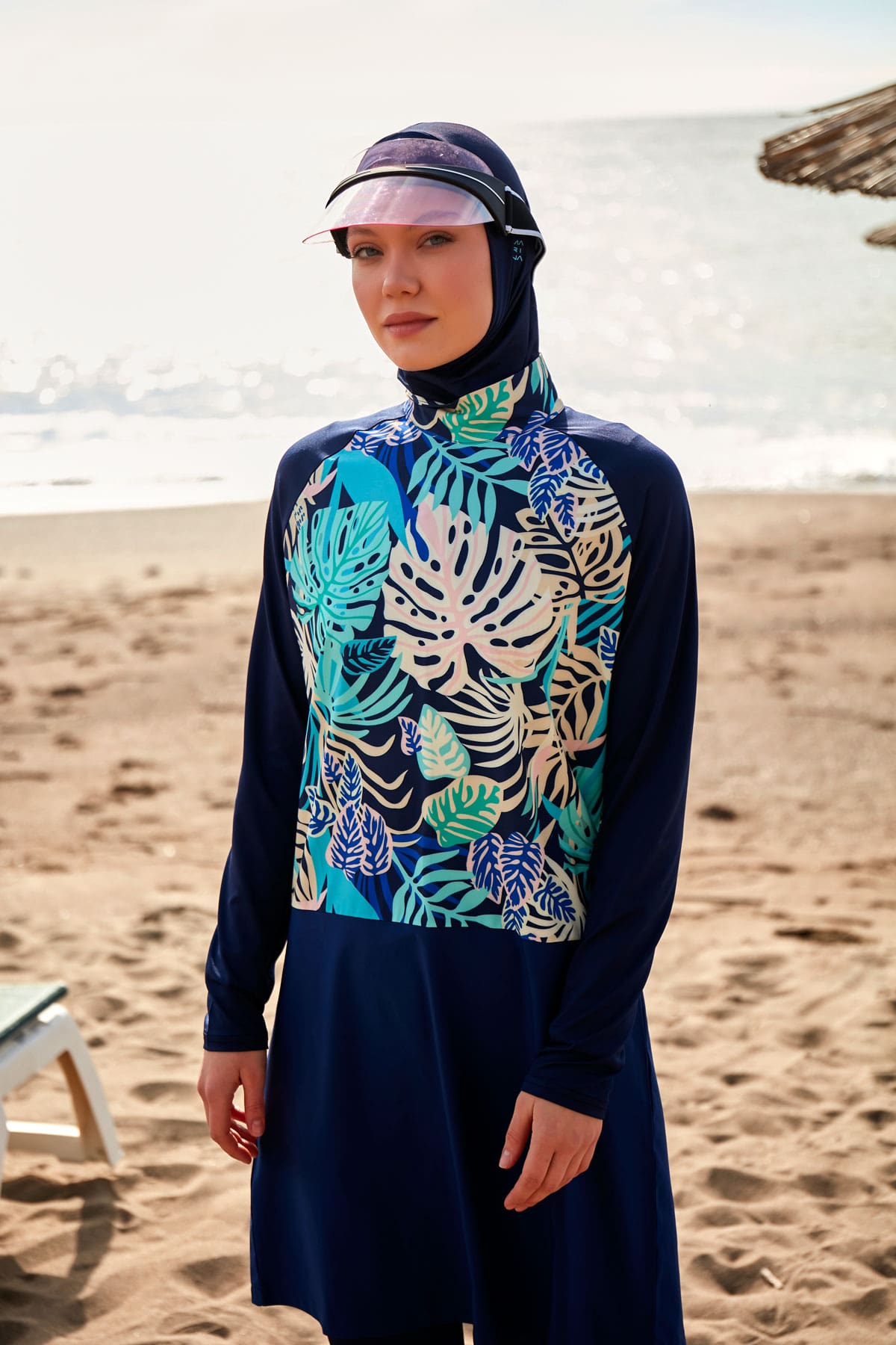Tropical Patterned Navy Blue Full-Coverage Modest Swimwear Burkini - M2490