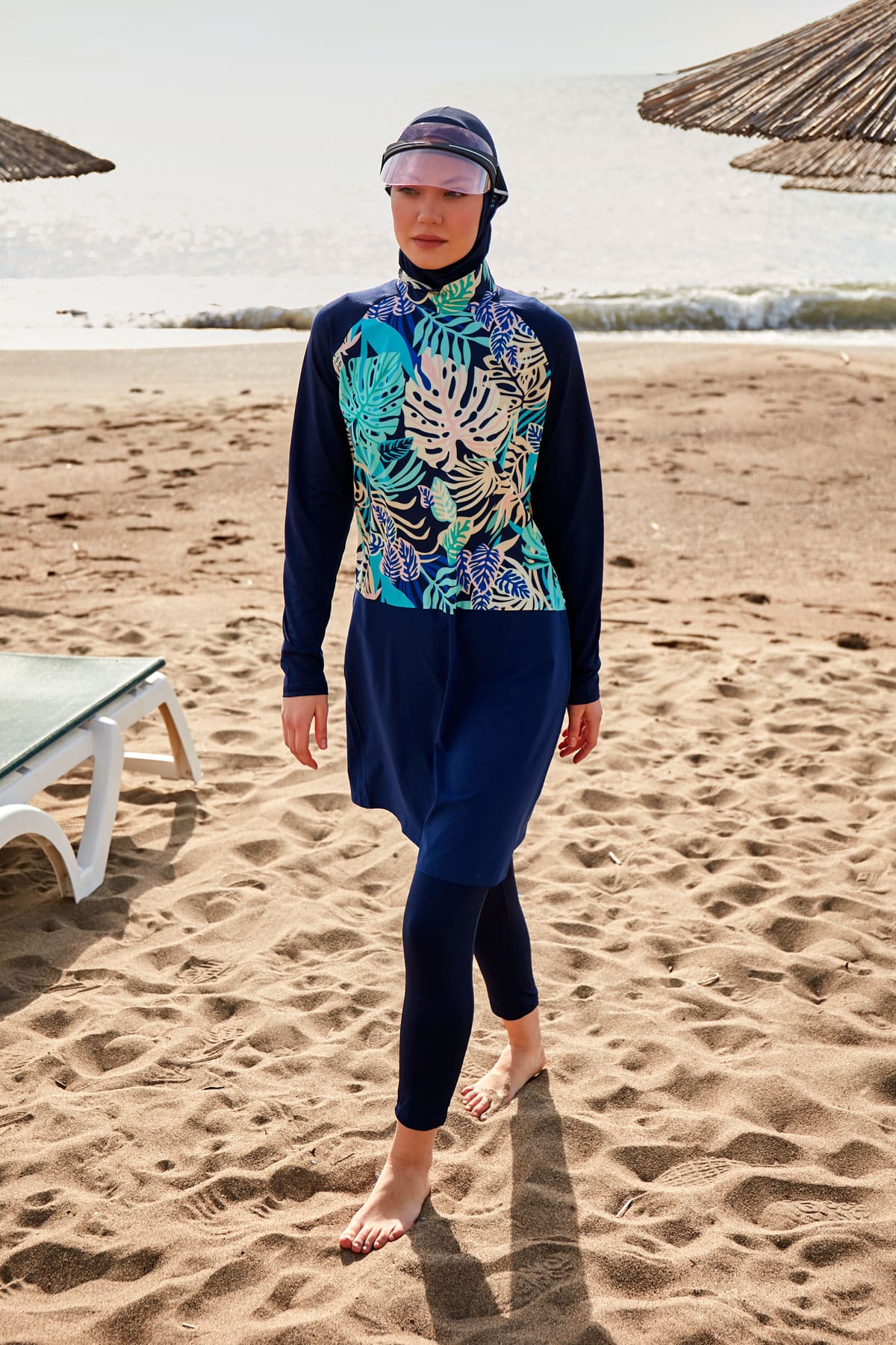 Tropical Patterned Navy Blue Full-Coverage Modest Swimwear Burkini - M2490
