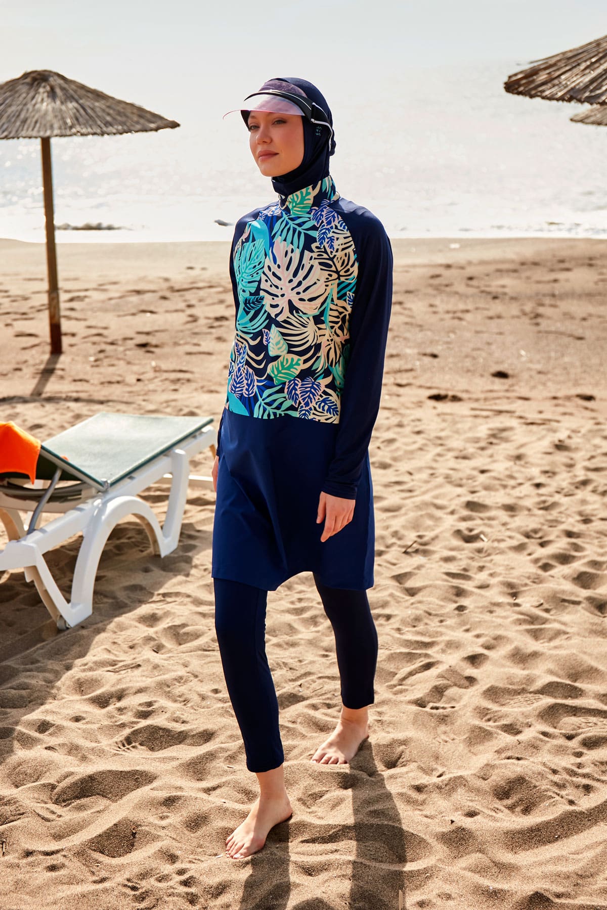 Tropical Patterned Navy Blue Full-Coverage Modest Swimwear Burkini - M2490