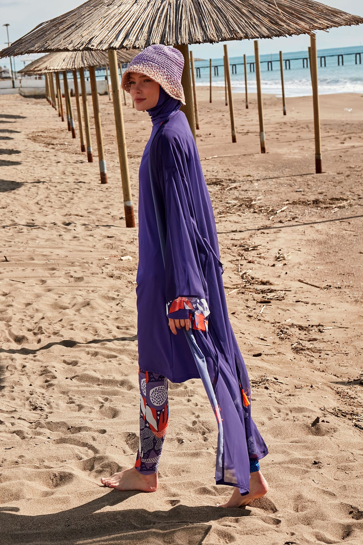 Desenli Mor Kimono Kaftan P2420-1