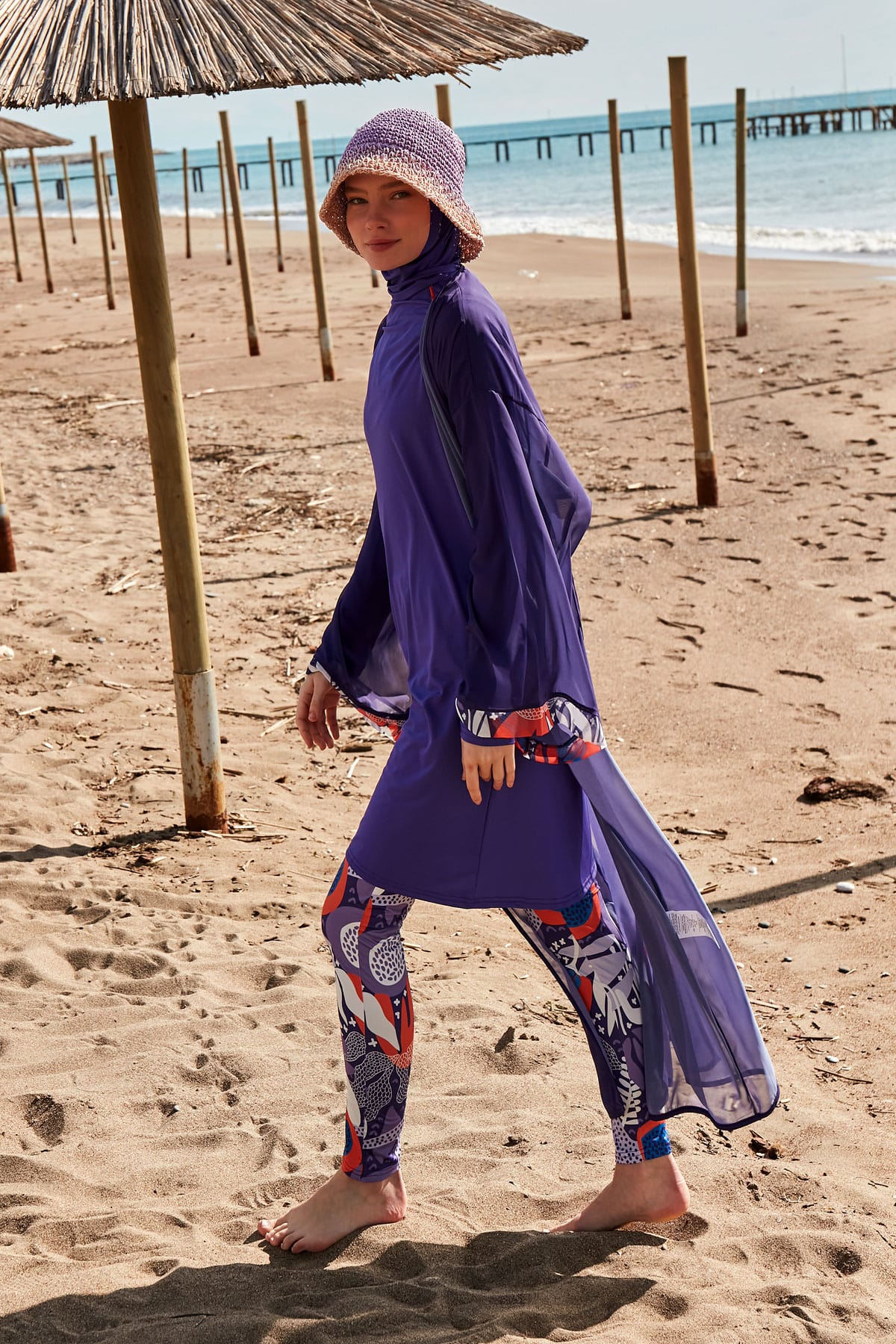 Desenli Mor Kimono Kaftan P2420-1