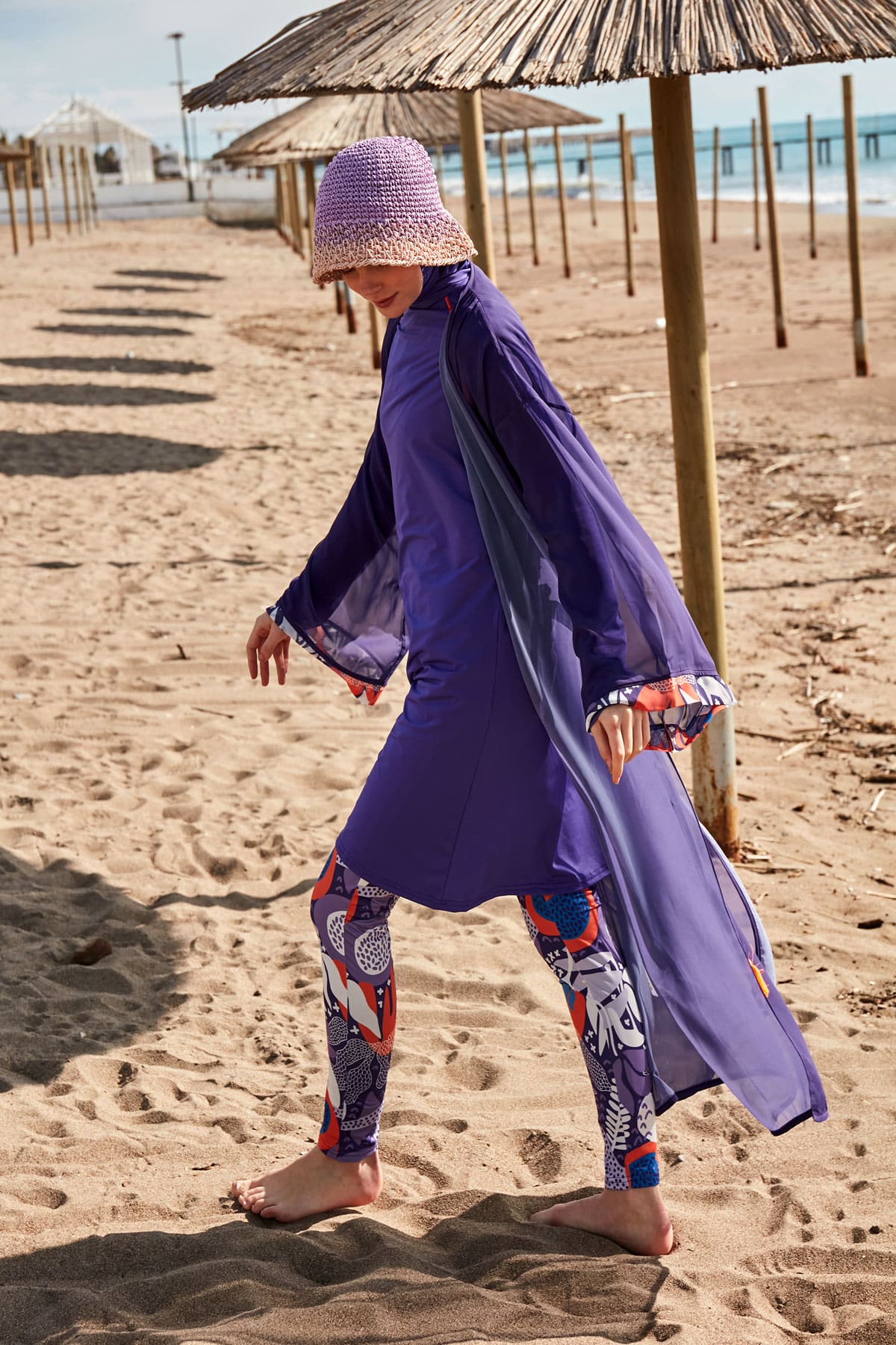 Desenli Mor Kimono Kaftan P2420-1