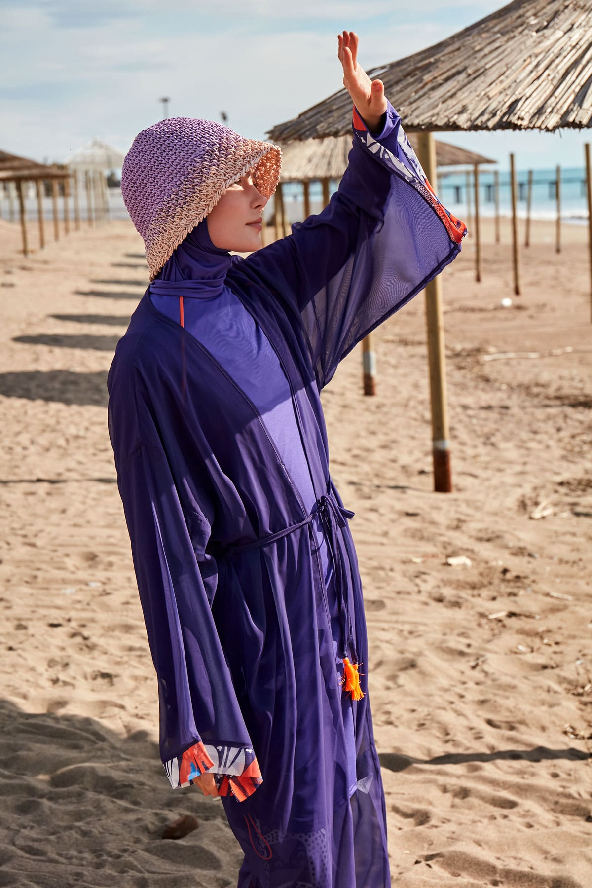 Desenli Mor Kimono Kaftan P2420-1