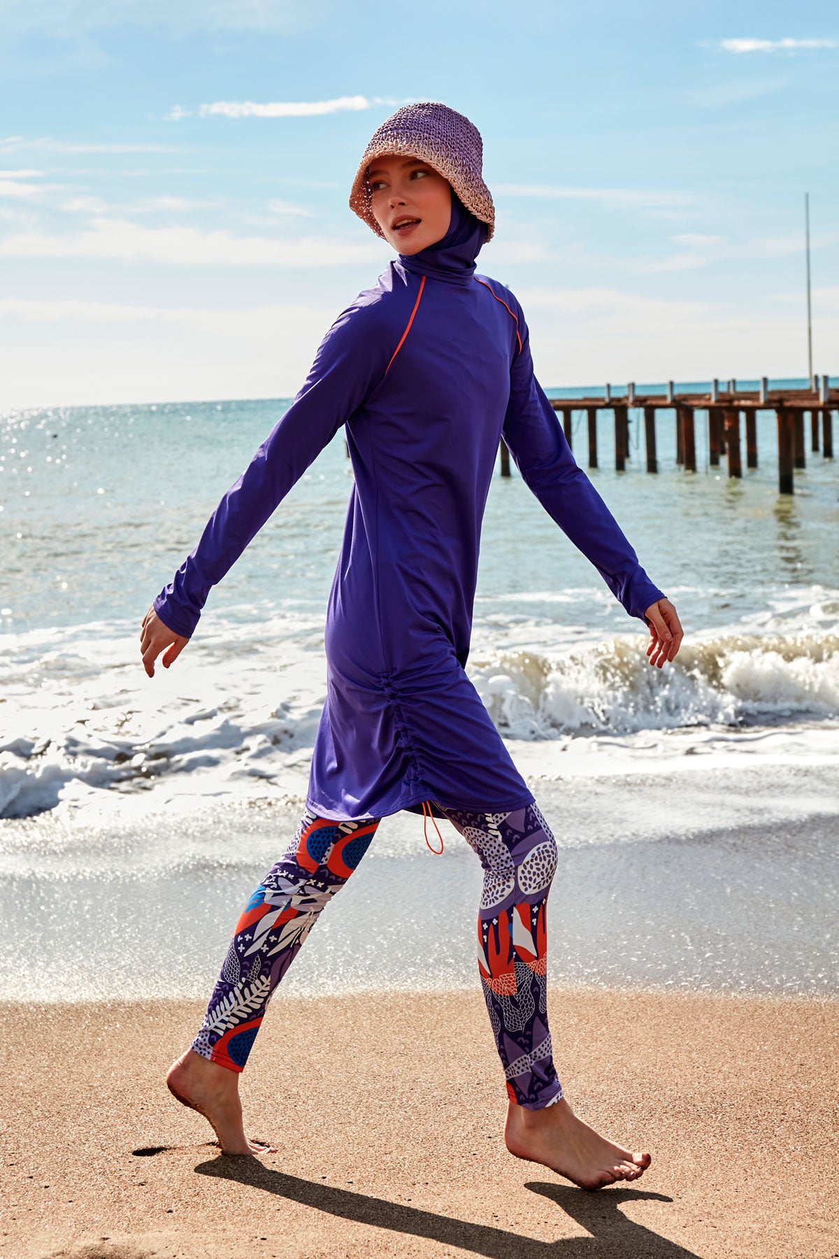 Ethnic Patterned Purple Full-Coverage Modest Swimwear Burkini - M2494