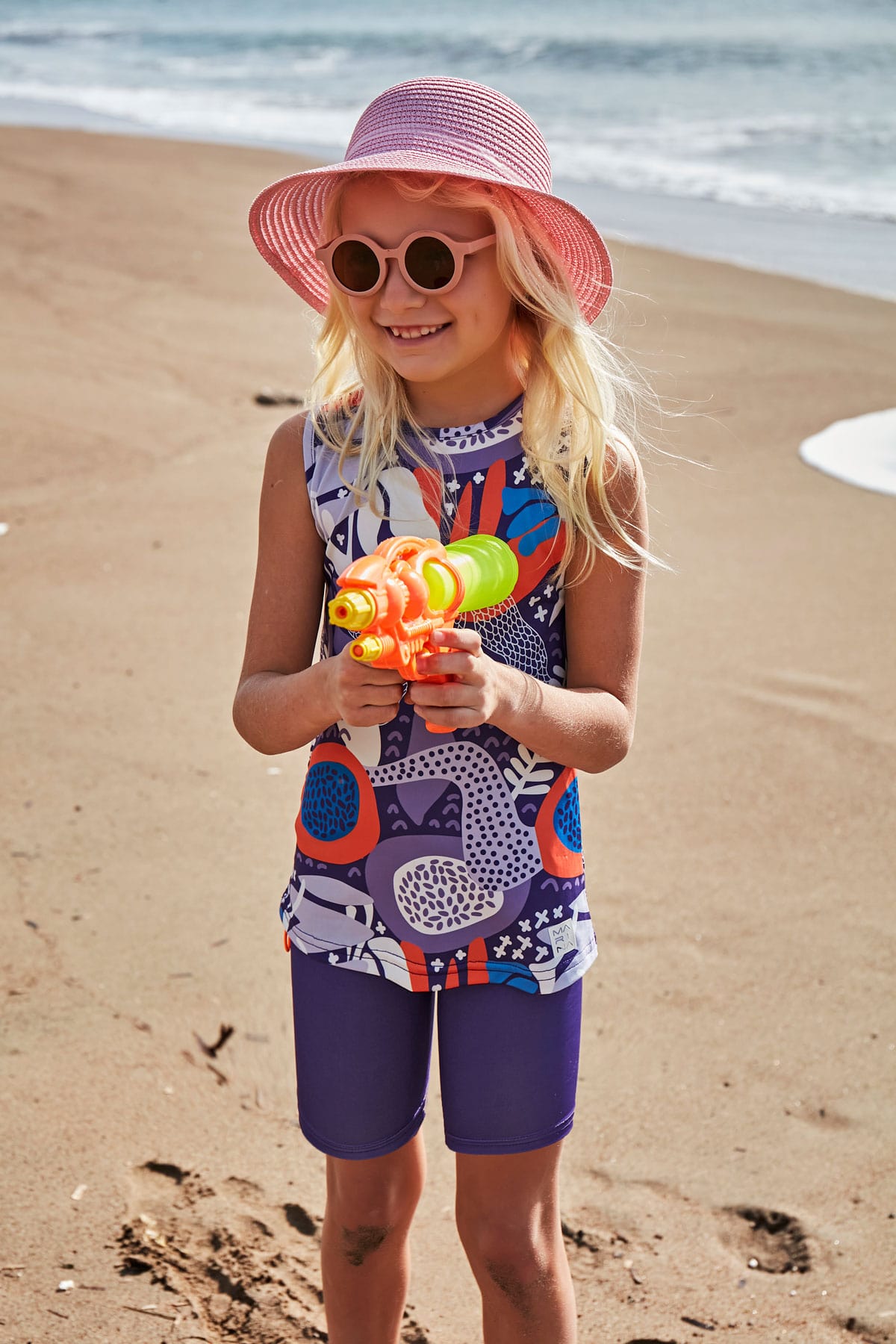 ملابس سباحة مارينا ليكرا محتشمة للبنات - ألوان زاهية/أزرق داكن - K2407