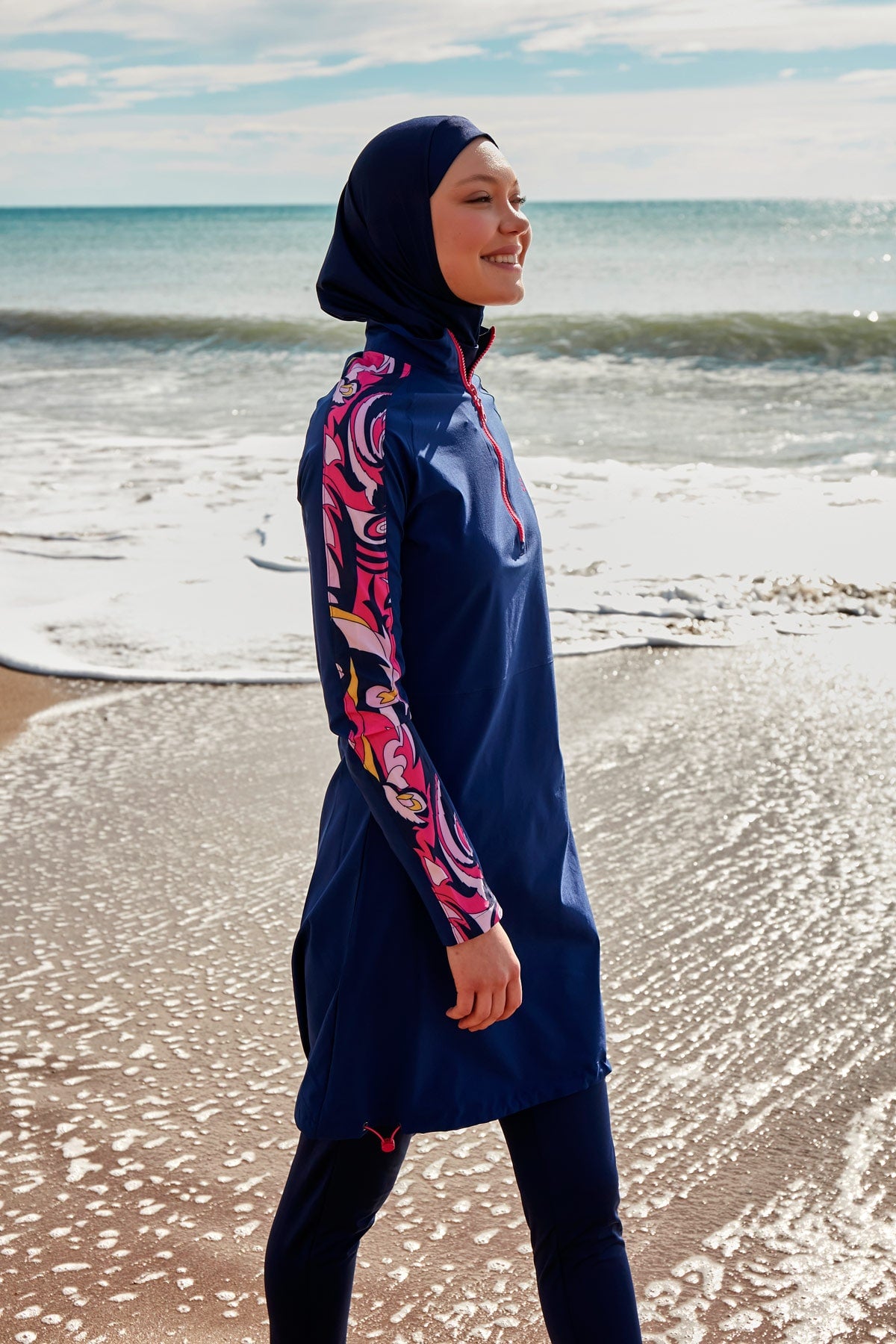 ملابس سباحة محتشمة بوركيني منسوجة باللون الأزرق البحري M2489