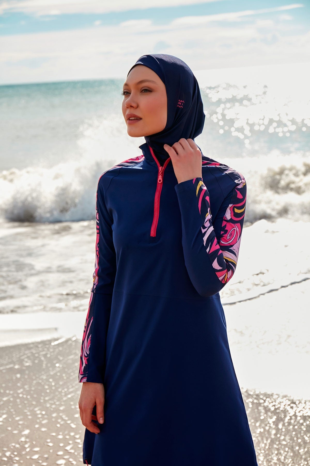 Navy Blue Parachute Fabric Full-Coverage Modest Swimwear Burkini - M2489