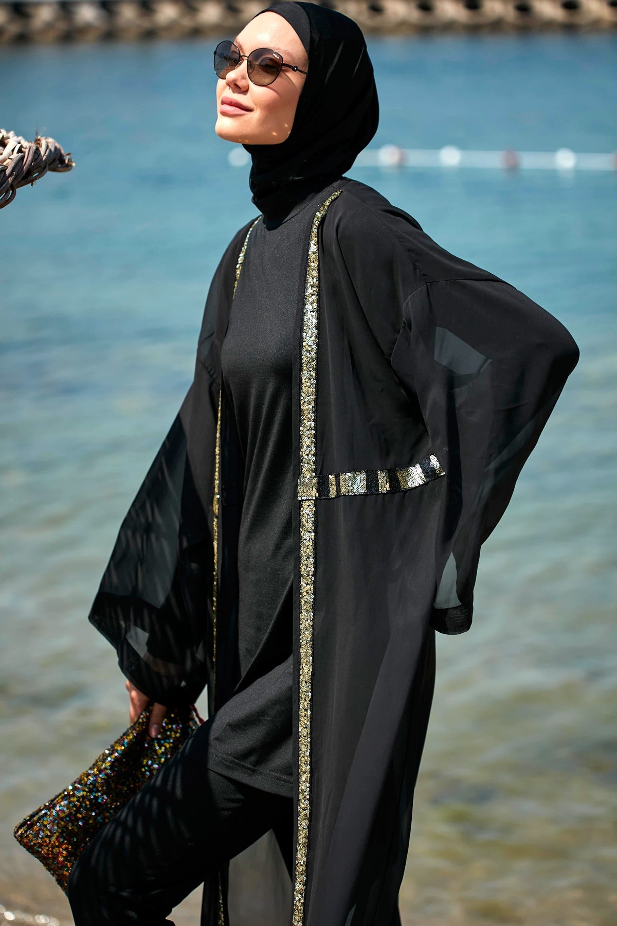 Sequin Black Beach Kimono - P2346