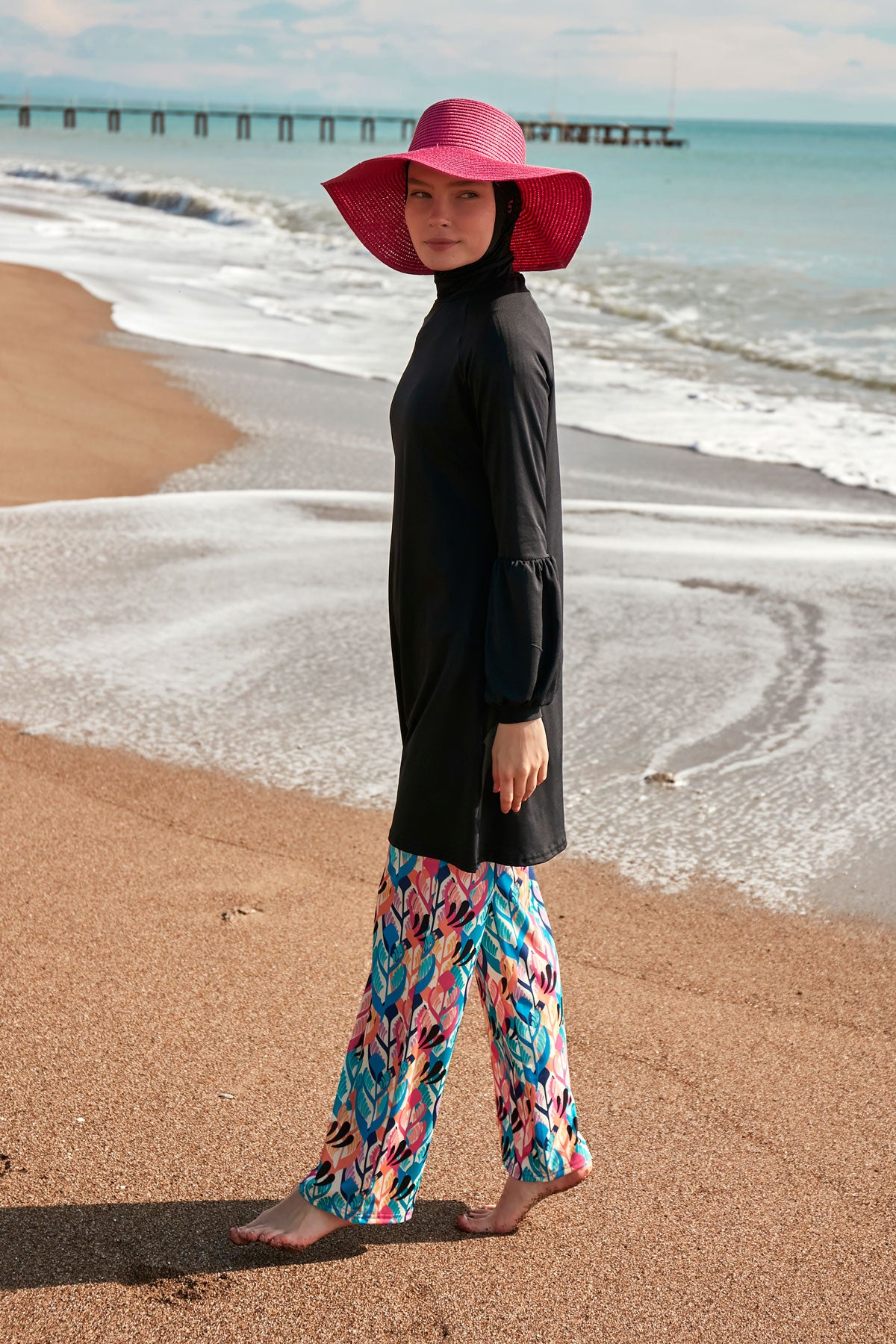 Patterned Black Full-Coverage Modest Swimwear Burkini - M2491