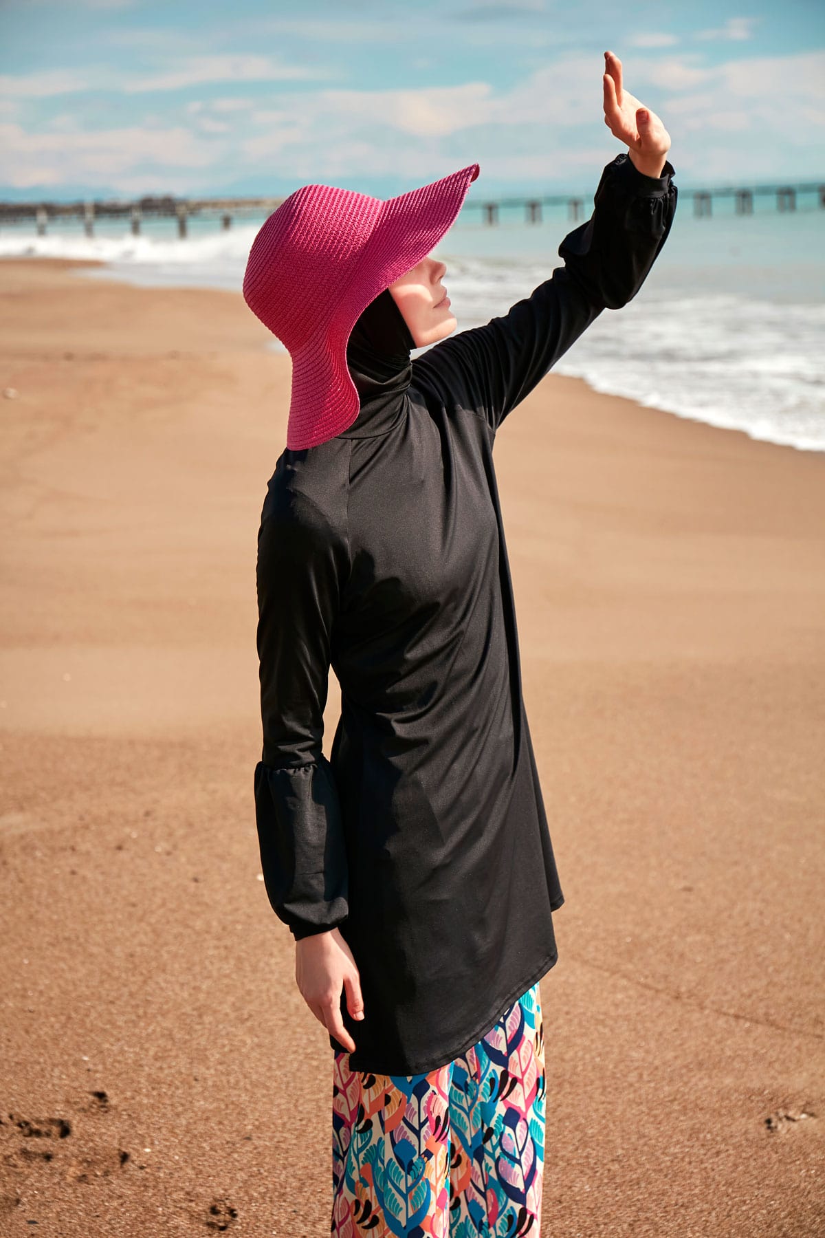 Patterned Black Full-Coverage Modest Swimwear Burkini - M2491
