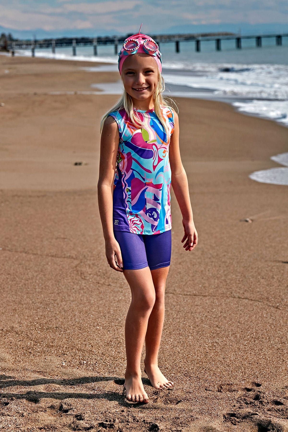 Marina Girls Modest Swimwear - Colorful/Navy Blue - K2409 Secondary image