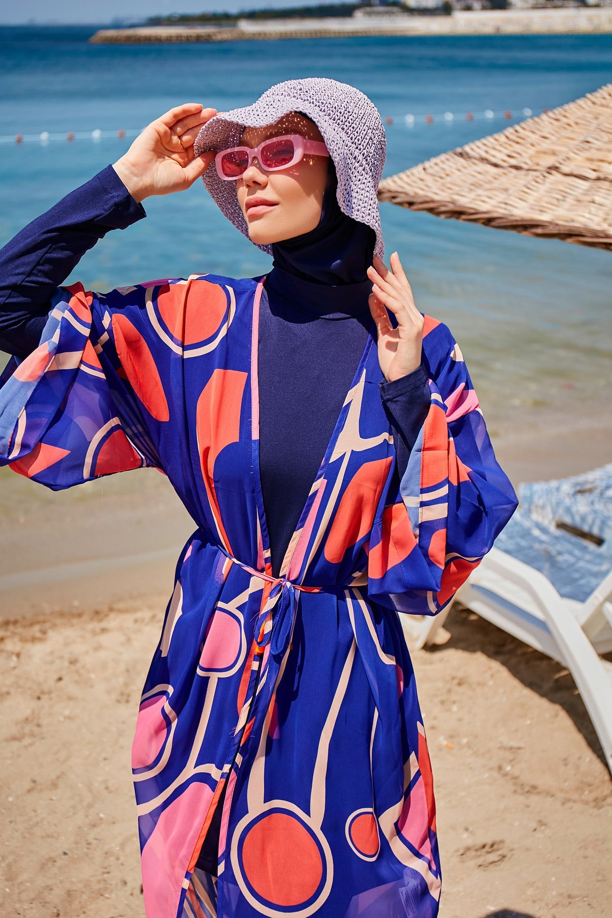 Geometric Patterned Sax Blue Beach Kimono - P2339 الصورة الرئيسية