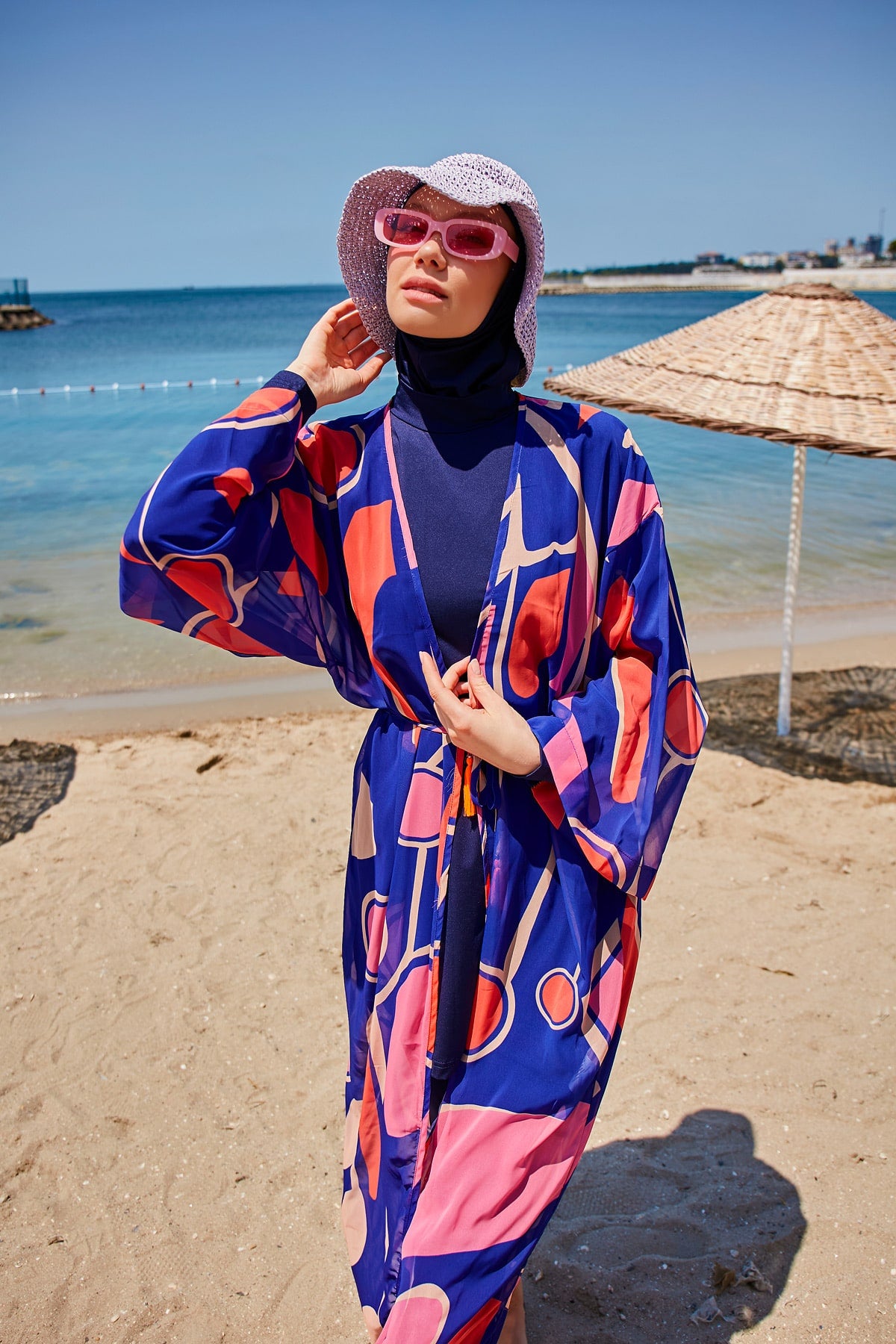 Geometric Patterned Sax Blue Beach Kimono - P2339 صورة ثانوية