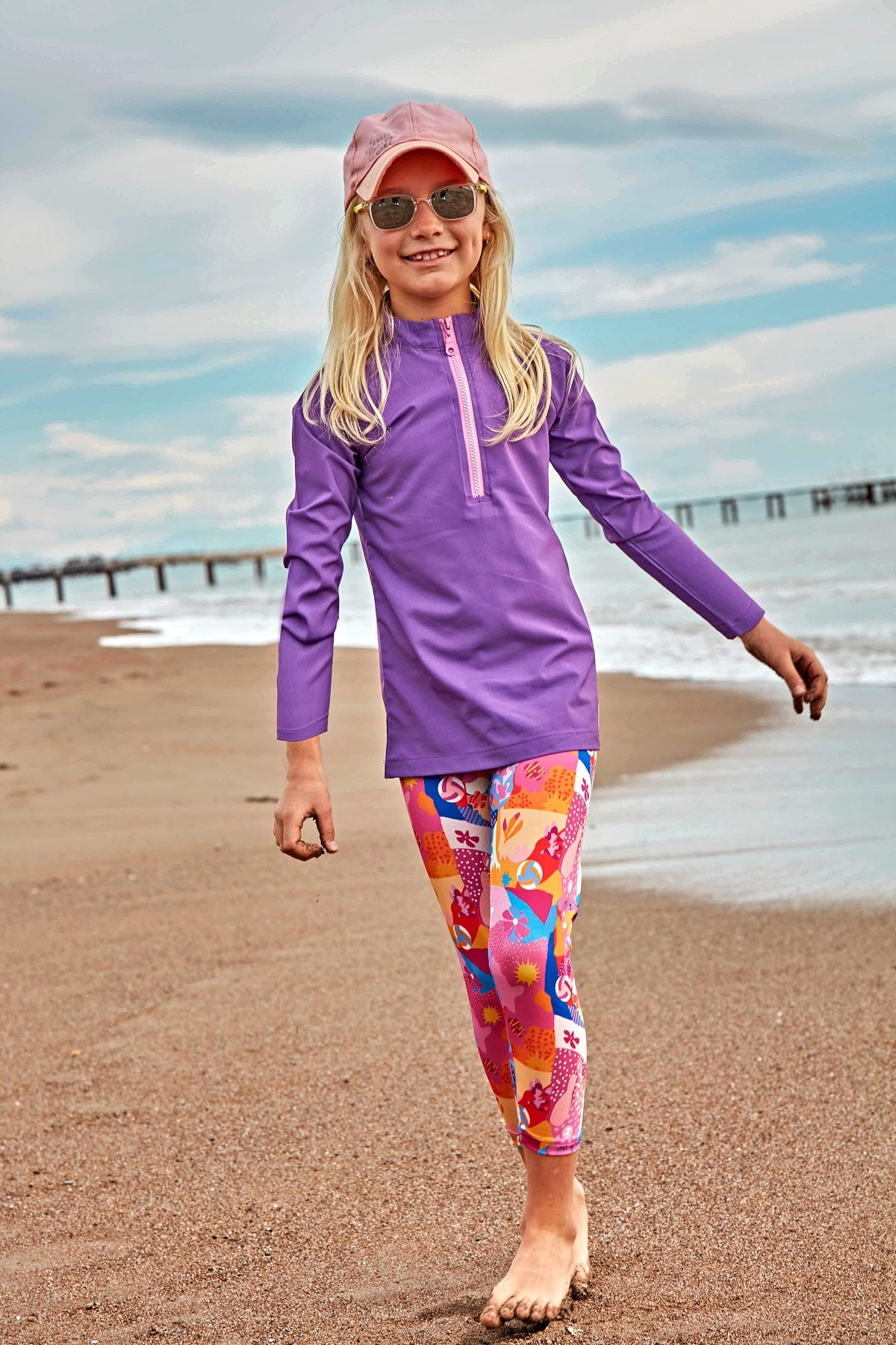 Marina Woven Girls Modest Swimsuit - Colorful/Navy Blue - K2408