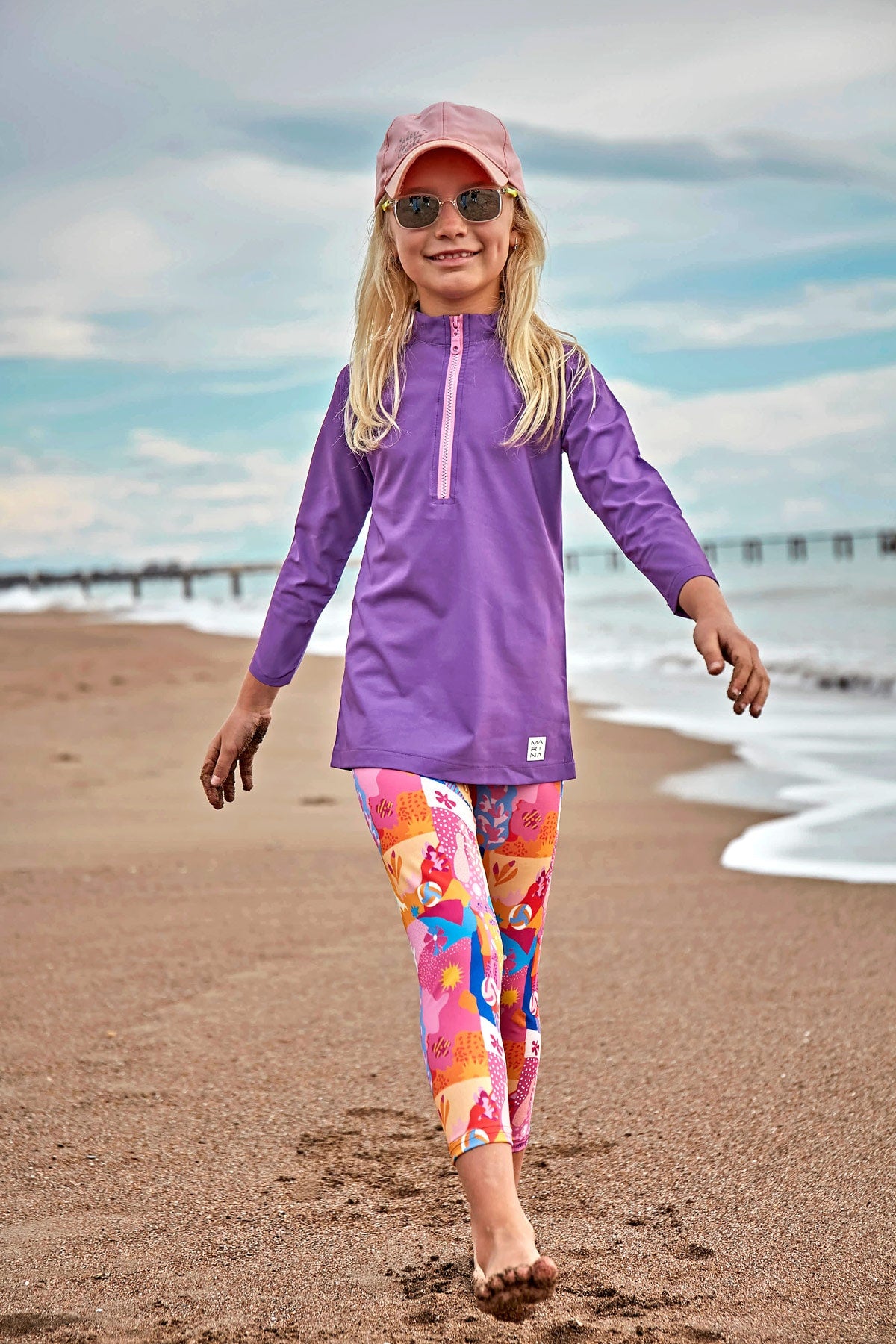 Marina Woven Girls Modest Swimsuit - Colorful/Navy Blue - K2408