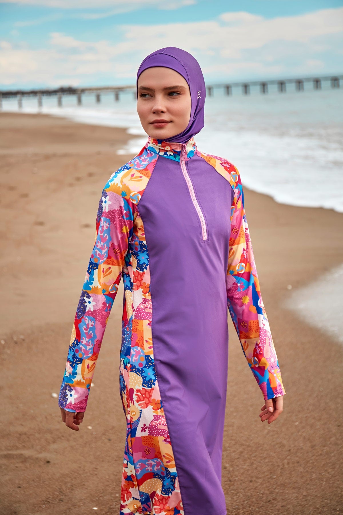 4-Piece Patterned Purple Full-Cover Modest Swimsuit - M2495